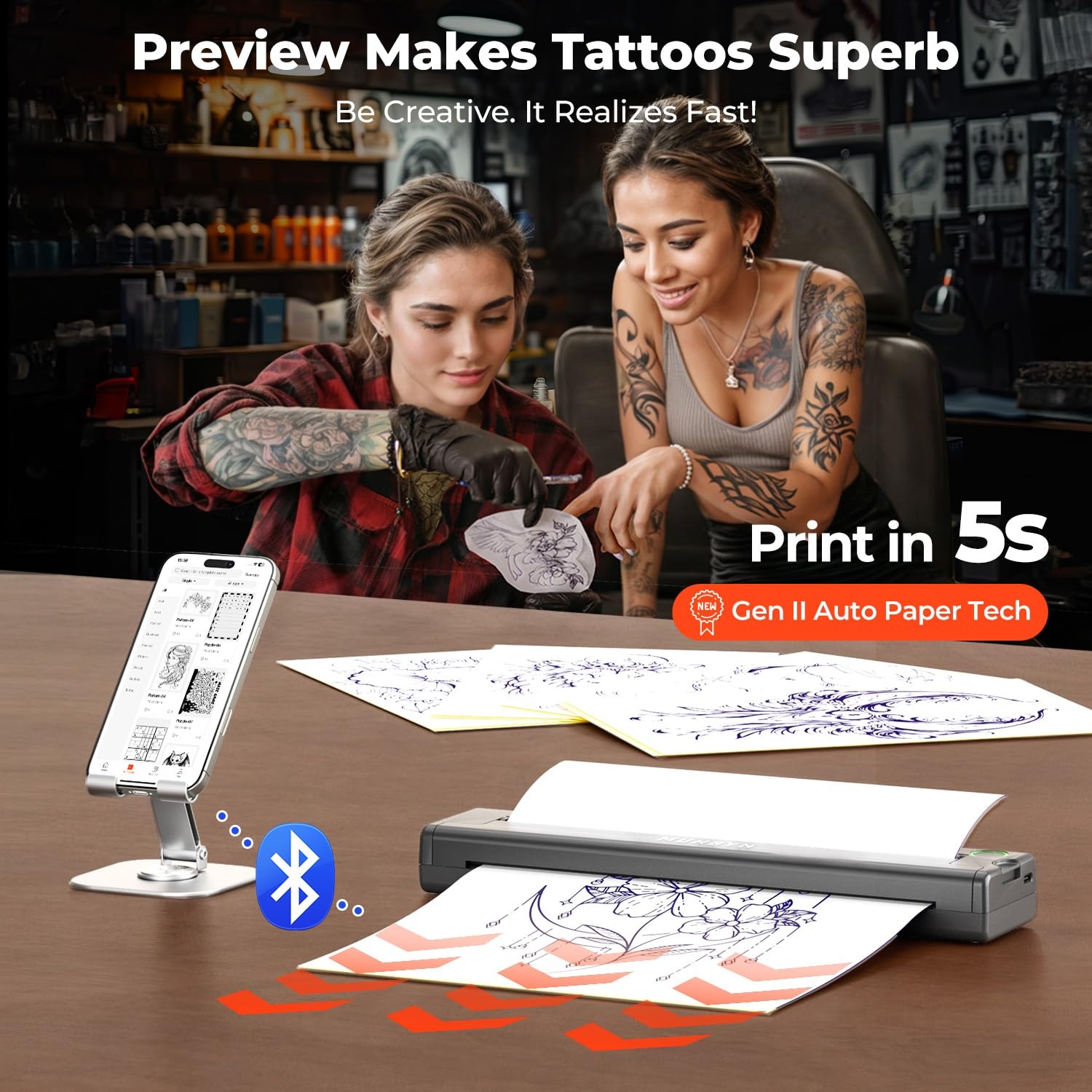 image:imageMUNBYN Tattoo Stencil Printer ITP05 Wireless Thermal Tattoo Printer with 20 Transfer Papers Compatible with Android and iOS PhoneTablet amp PC Tattoo Printers for Tattoo Artists amp BeginnersGrayGray