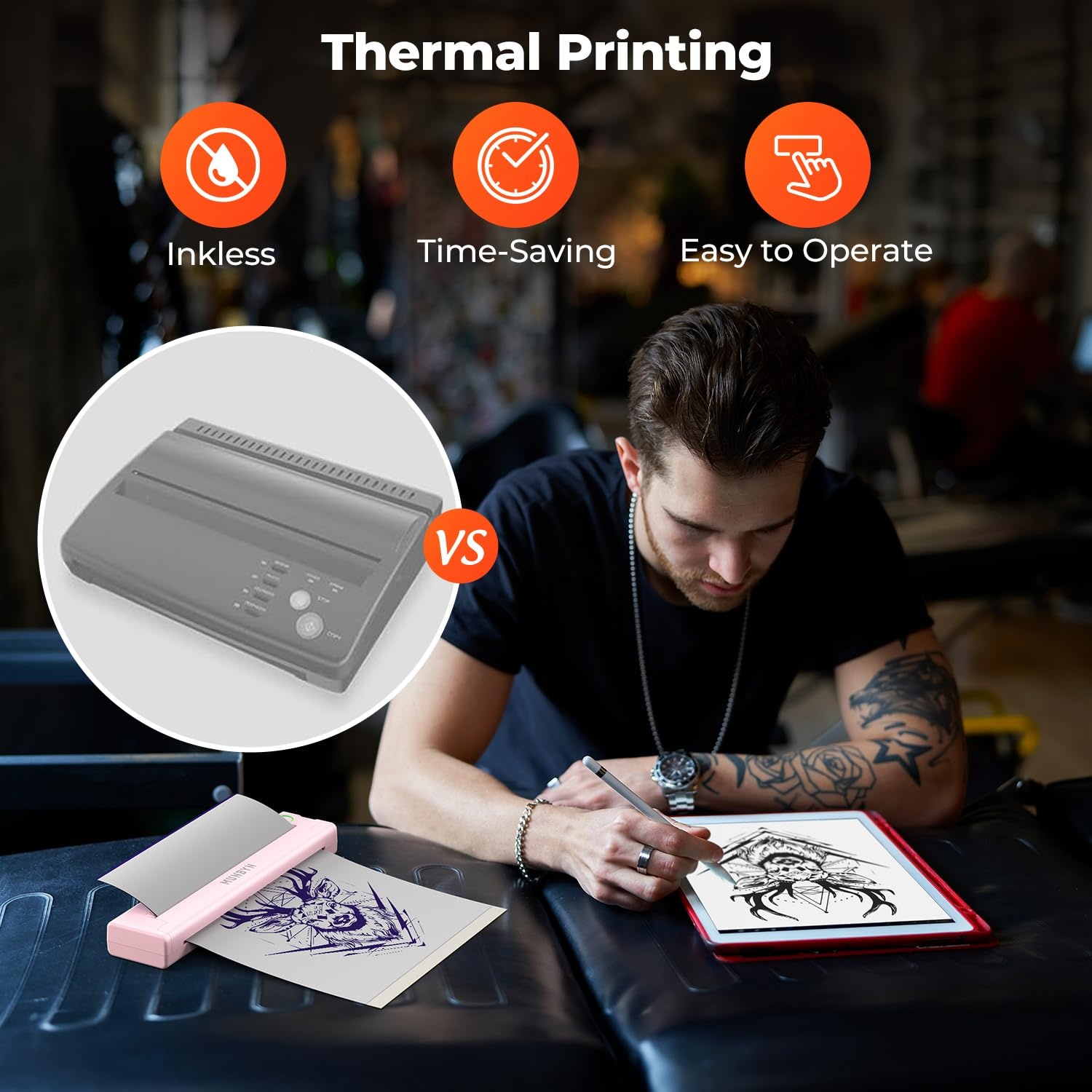 image:imageMUNBYN Tattoo Stencil Printer ITP05 Wireless Thermal Tattoo Printer with 20 Transfer Papers Compatible with Android and iOS PhoneTablet amp PC Tattoo Printers for Tattoo Artists amp BeginnersGrayPink