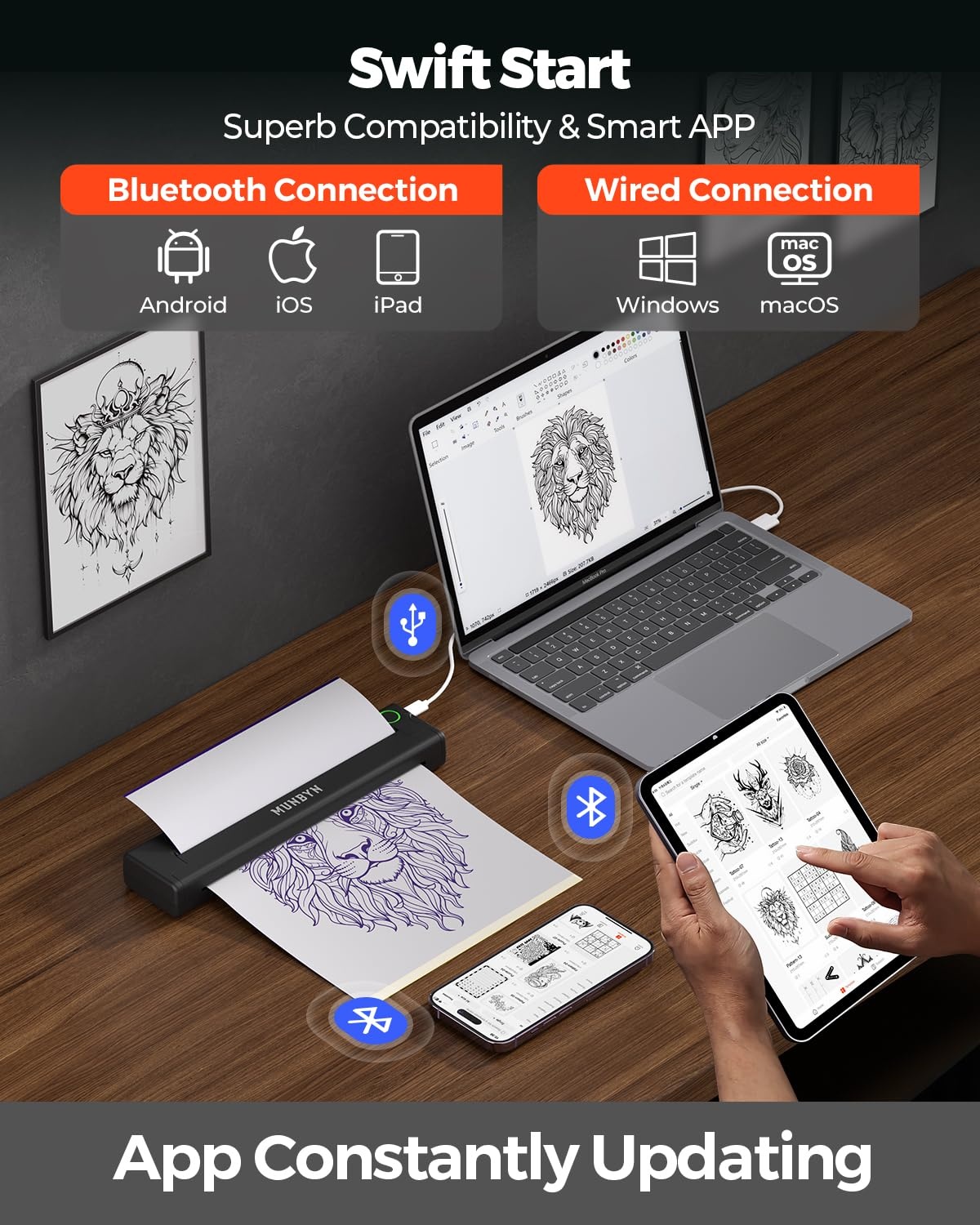 image:imageMUNBYN Tattoo Stencil Printer ITP05 Wireless Thermal Tattoo Printer with 20 Transfer Papers Compatible with Android and iOS PhoneTablet amp PC Tattoo Printers for Tattoo Artists amp BeginnersGrayBlack