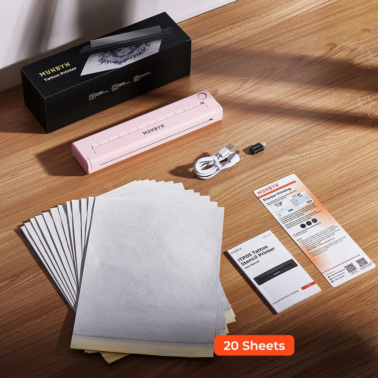 image:imageMUNBYN Tattoo Stencil Printer ITP05 Wireless Thermal Tattoo Printer with 20 Transfer Papers Compatible with Android and iOS PhoneTablet amp PC Tattoo Printers for Tattoo Artists amp BeginnersGrayPink