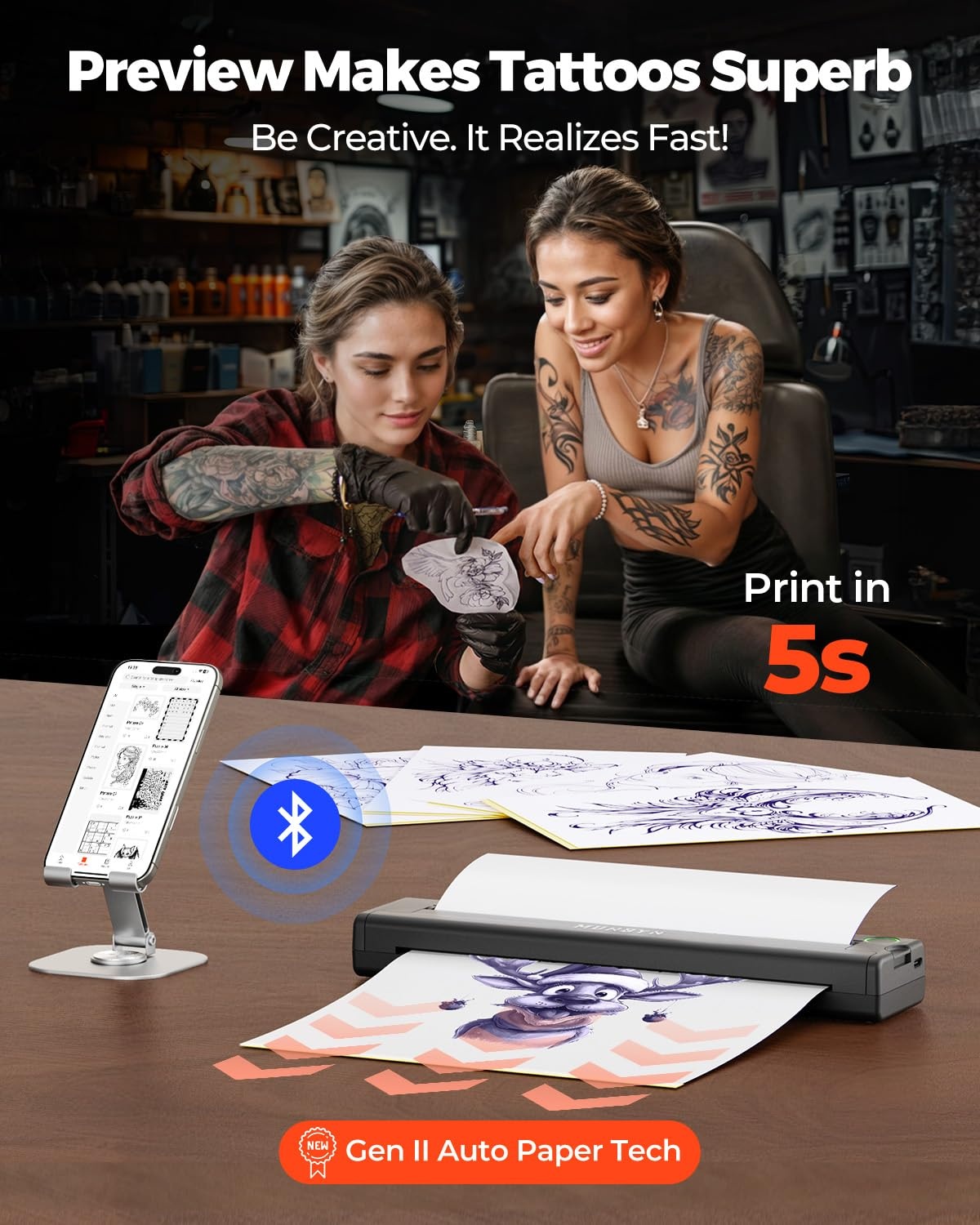 image:imageMUNBYN Tattoo Stencil Printer ITP05 Wireless Thermal Tattoo Printer with 20 Transfer Papers Compatible with Android and iOS PhoneTablet amp PC Tattoo Printers for Tattoo Artists amp BeginnersGrayBlack