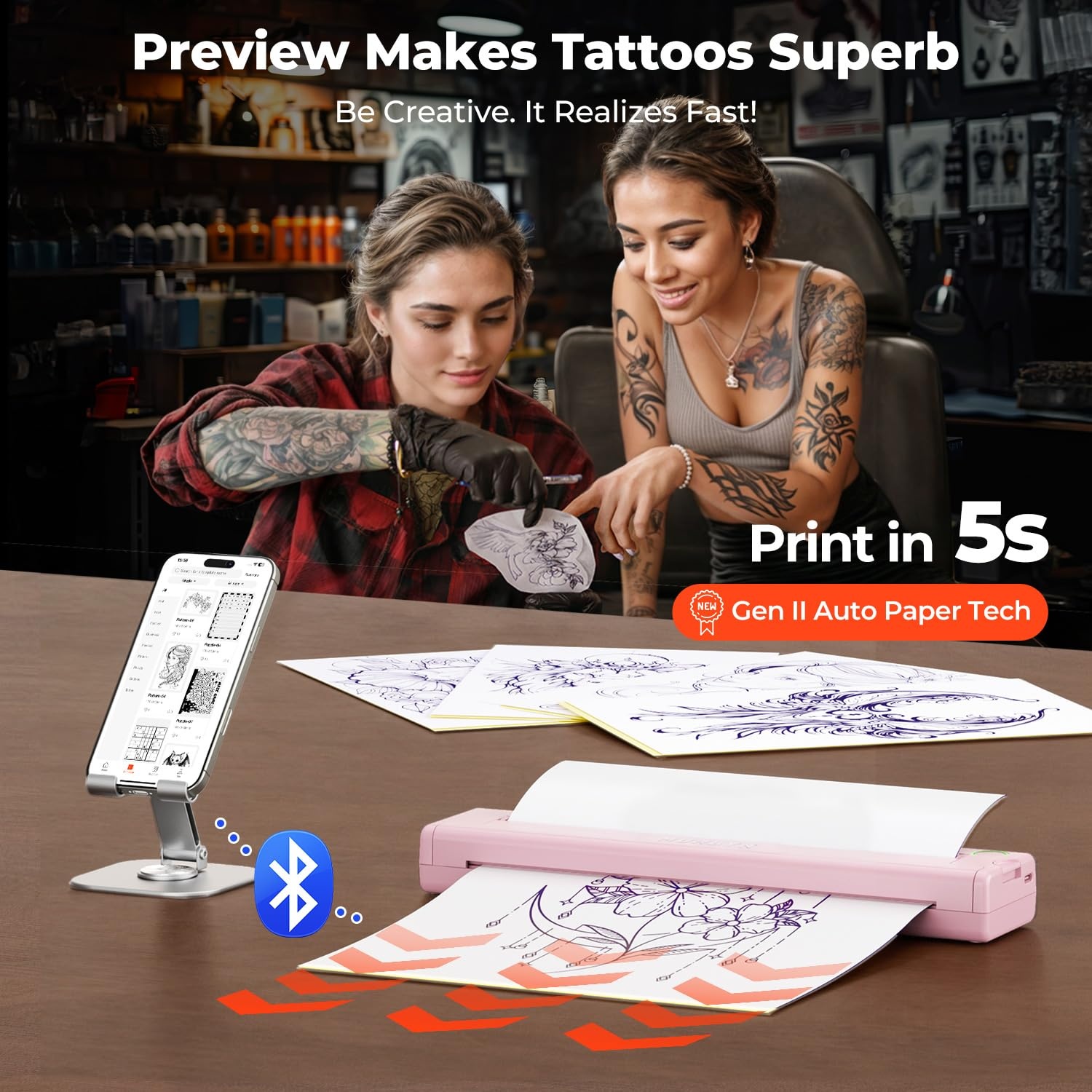image:imageMUNBYN Tattoo Stencil Printer ITP05 Wireless Thermal Tattoo Printer with 20 Transfer Papers Compatible with Android and iOS PhoneTablet amp PC Tattoo Printers for Tattoo Artists amp BeginnersGrayPink