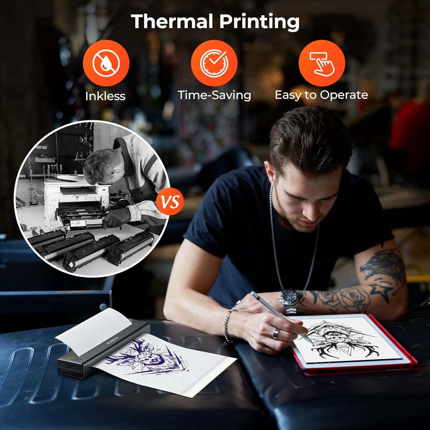 image:imageMUNBYN Tattoo Stencil Printer ITP05 Wireless Thermal Tattoo Printer with 20 Transfer Papers Compatible with Android and iOS PhoneTablet amp PC Tattoo Printers for Tattoo Artists amp BeginnersGrayBlack