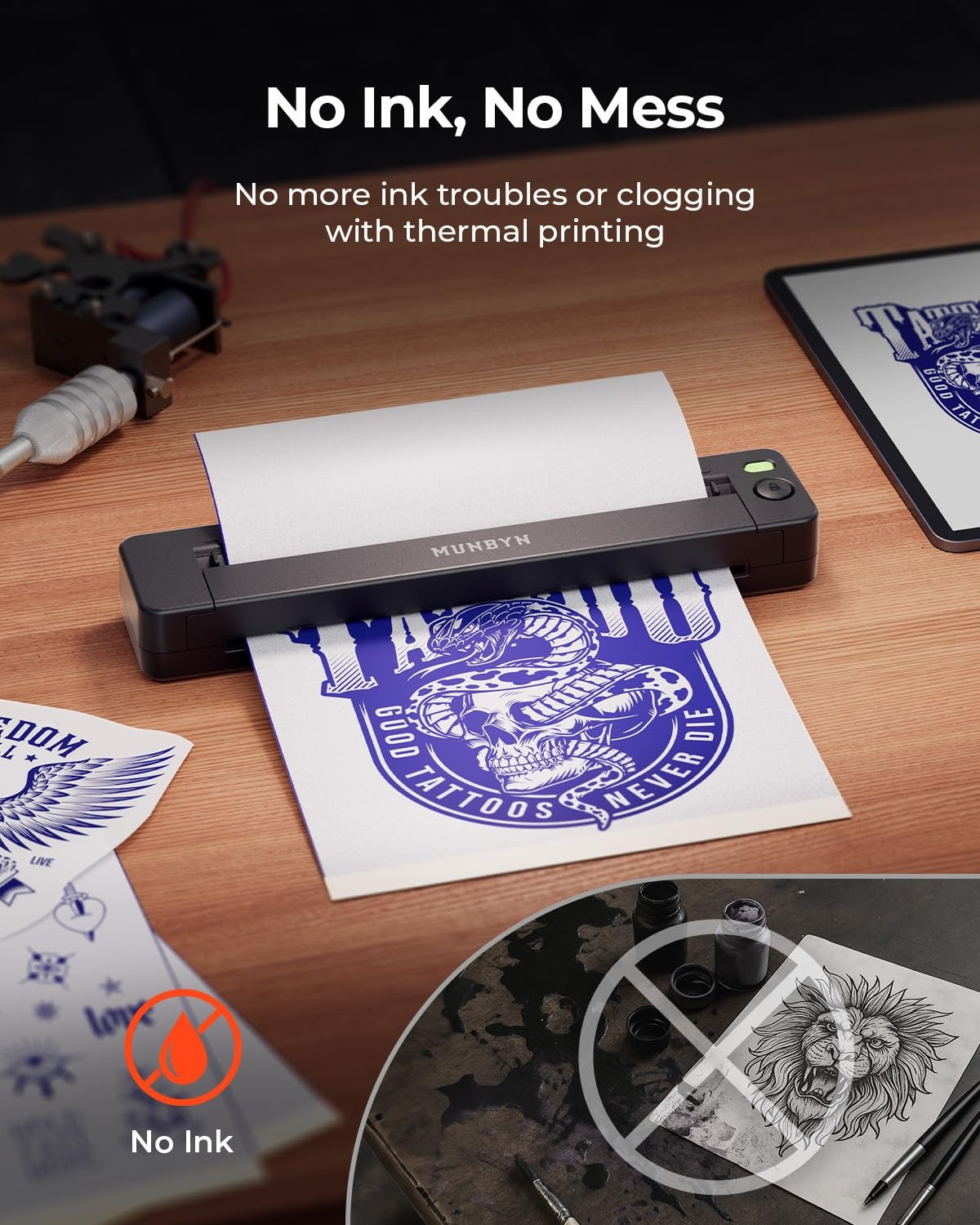 image:imageMUNBYN Tattoo Stencil Printer ITP06 300DPI Wireless Thermal Tattoo Printer with 20 Transfer Papers Tattoo Printers Compatible with Smartphone amp PC for Tattoo Artists amp Beginners