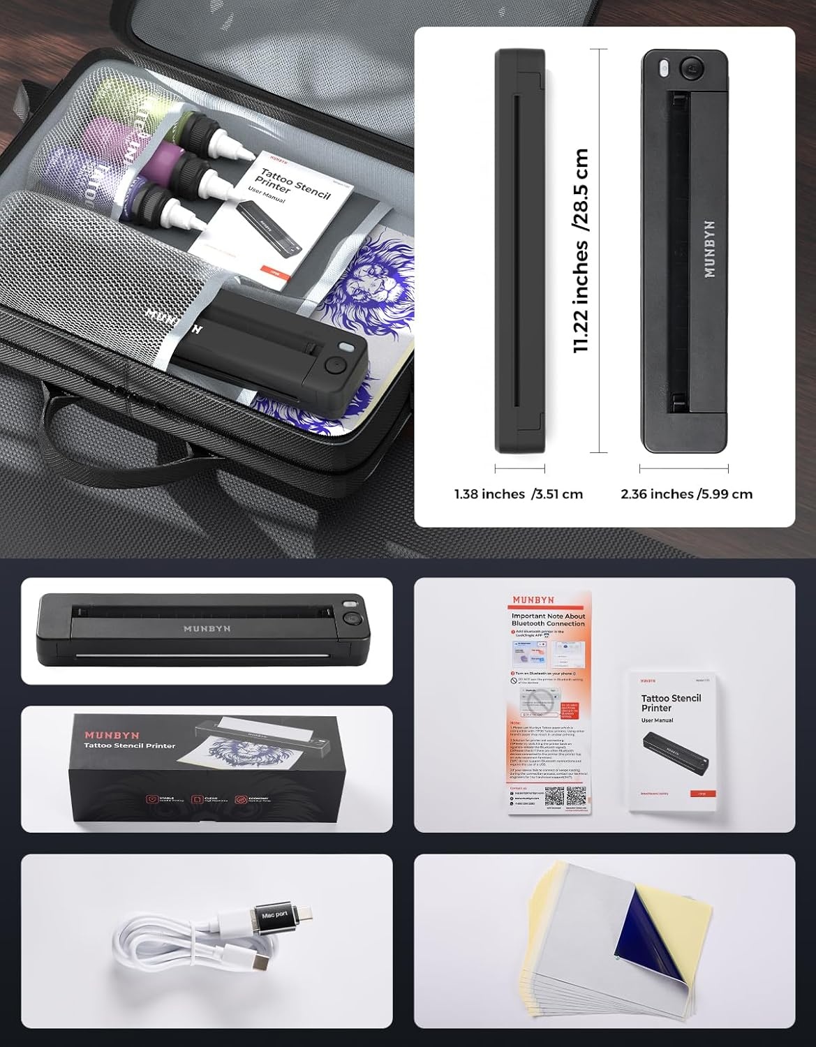 image:imageMUNBYN Tattoo Stencil Printer ITP06 300DPI Wireless Thermal Tattoo Printer with 20 Transfer Papers Tattoo Printers Compatible with Smartphone amp PC for Tattoo Artists amp Beginners