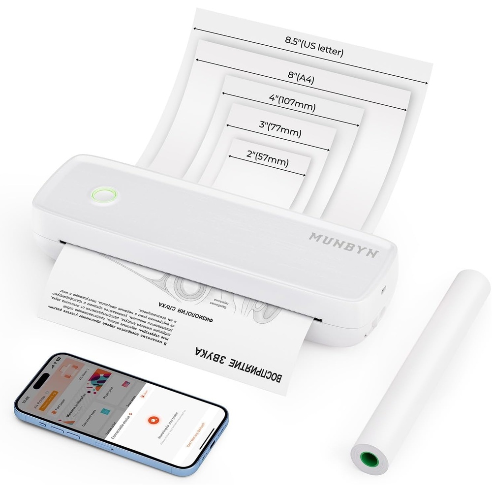 image:imageMUNBYN Portable Printers Wireless for Travel ITP04 Inkless Printer Thermal Bluetooth Printer Support 85x11ampA4 Thermal Paper Compatible with Android and iOS Phone amp Laptop Small Printers White