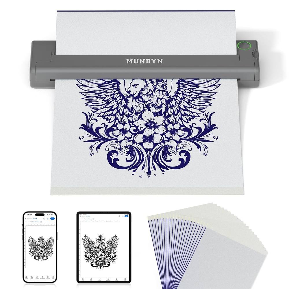 image:imageMUNBYN Tattoo Stencil Printer ITP05 Wireless Thermal Tattoo Printer with 20 Transfer Papers Compatible with Android and iOS PhoneTablet amp PC Tattoo Printers for Tattoo Artists amp BeginnersGrayGray