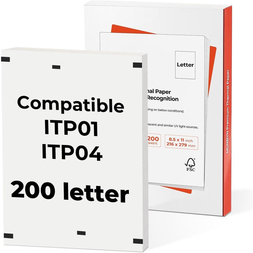 image:imageMUNBYN Thermal Printer Paper 85 x 11 Inch US Letter Size 200 Sheets Double Black Mark Compatible with ITP04 and ITP01 Continual Feeding Thermal Paper