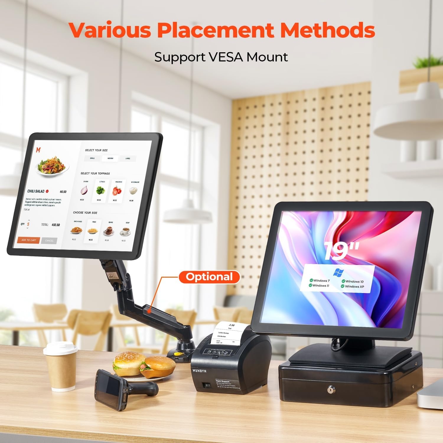 image:imageMUNBYN 19inch POSTouchscreenMonitor LED Backlit MultiTouchScreenMonitor HDMIVGA Capacitive Display True Flat Seamless Design for Retail Restaurant Bar Gym 2Y Protection