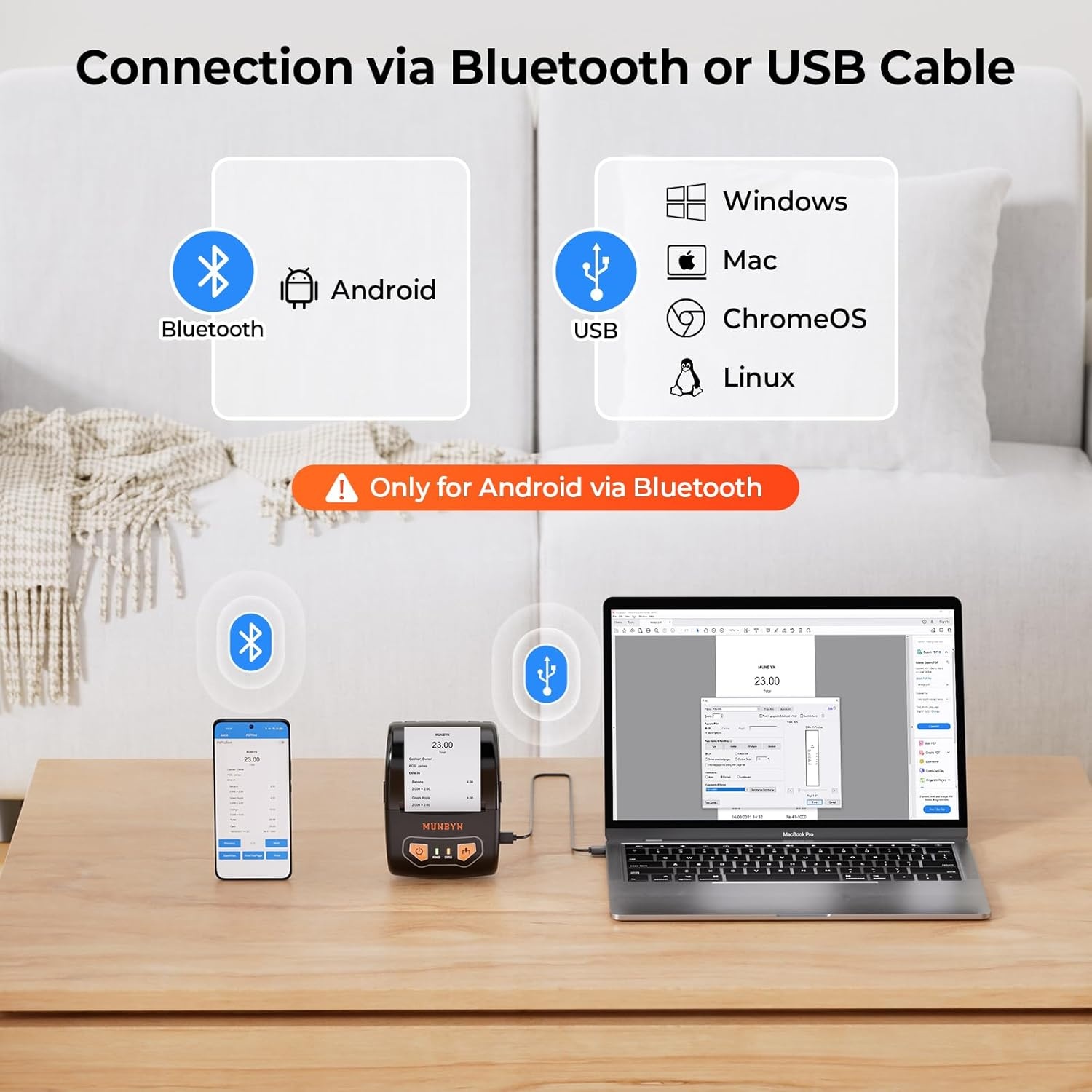 image:imageMUNBYN Bluetooth Receipt Printer Portable Thermal Receipt Printers for Small Business Sales Retail 58mm Mini Receipt Printer Compatible with AndroidWindowsMacChromeOSLinuxNot Support iOS