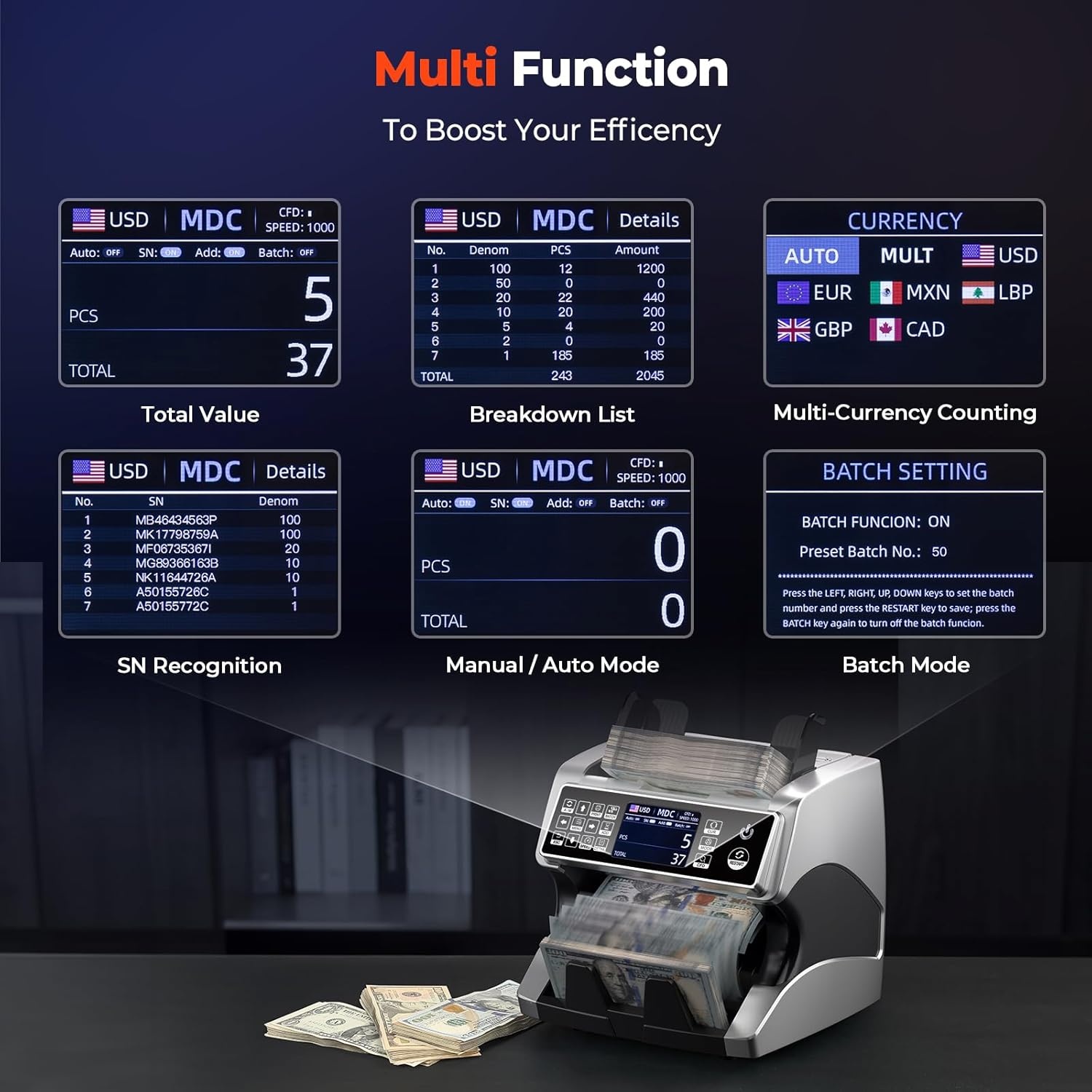 image:imageMUNBYN IMC01 Bank Grade Money Counter Machine Mixed Denomination 2CISUVIRMGMT Counterfeit Detection Serial Number MUL Currency Cash Counter Printer Compatible 2Y Warranty WhiteSilver