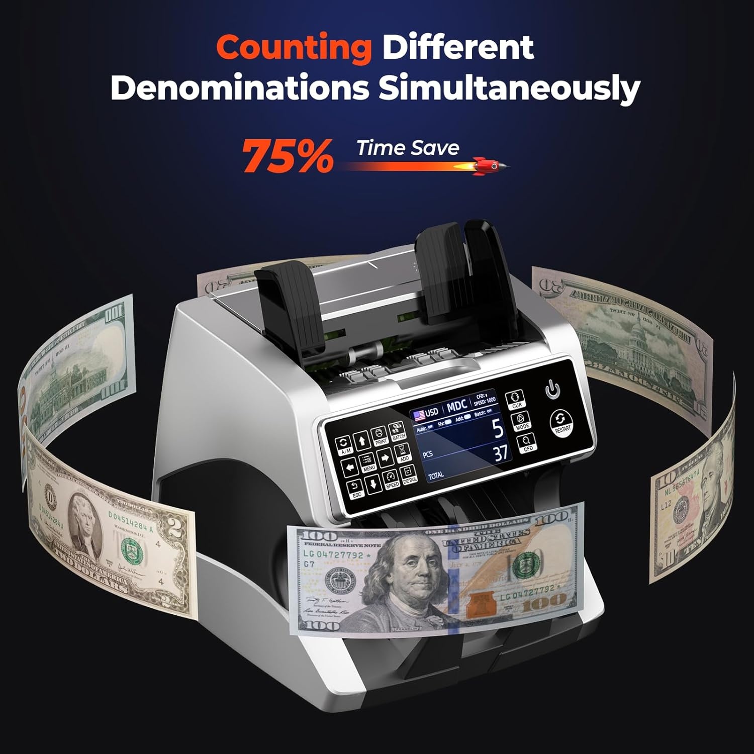 image:imageMUNBYN IMC01 Bank Grade Money Counter Machine Mixed Denomination 2CISUVIRMGMT Counterfeit Detection Serial Number MUL Currency Cash Counter Printer Compatible 2Y Warranty WhiteSilver