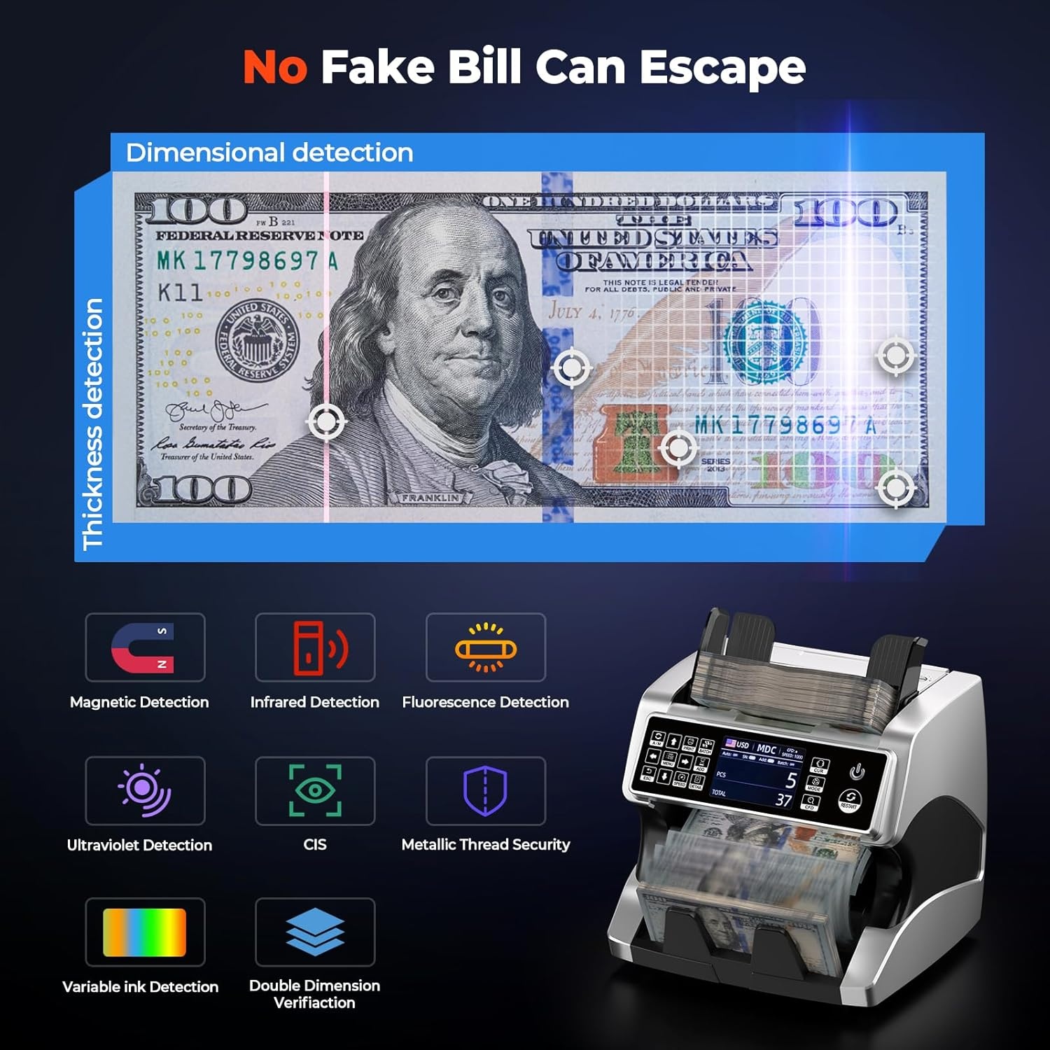 image:imageMUNBYN IMC01 Bank Grade Money Counter Machine Mixed Denomination 2CISUVIRMGMT Counterfeit Detection Serial Number MUL Currency Cash Counter Printer Compatible 2Y Warranty WhiteSilver