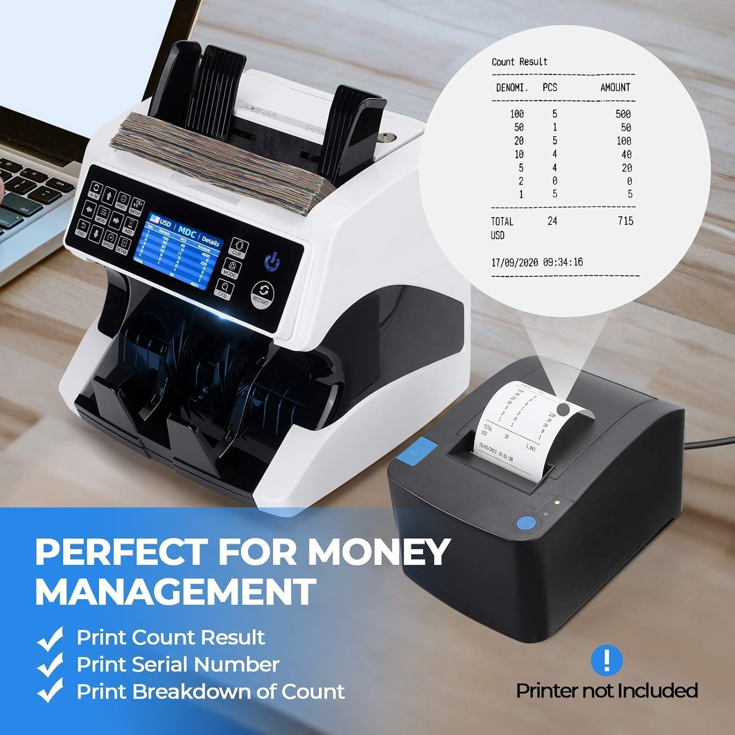 image:imageMUNBYN IMC01 Bank Grade Money Counter Machine Mixed Denomination 2CISUVIRMGMT Counterfeit Detection Serial Number MUL Currency Cash Counter Printer Compatible 2Y Warranty WhiteWhite