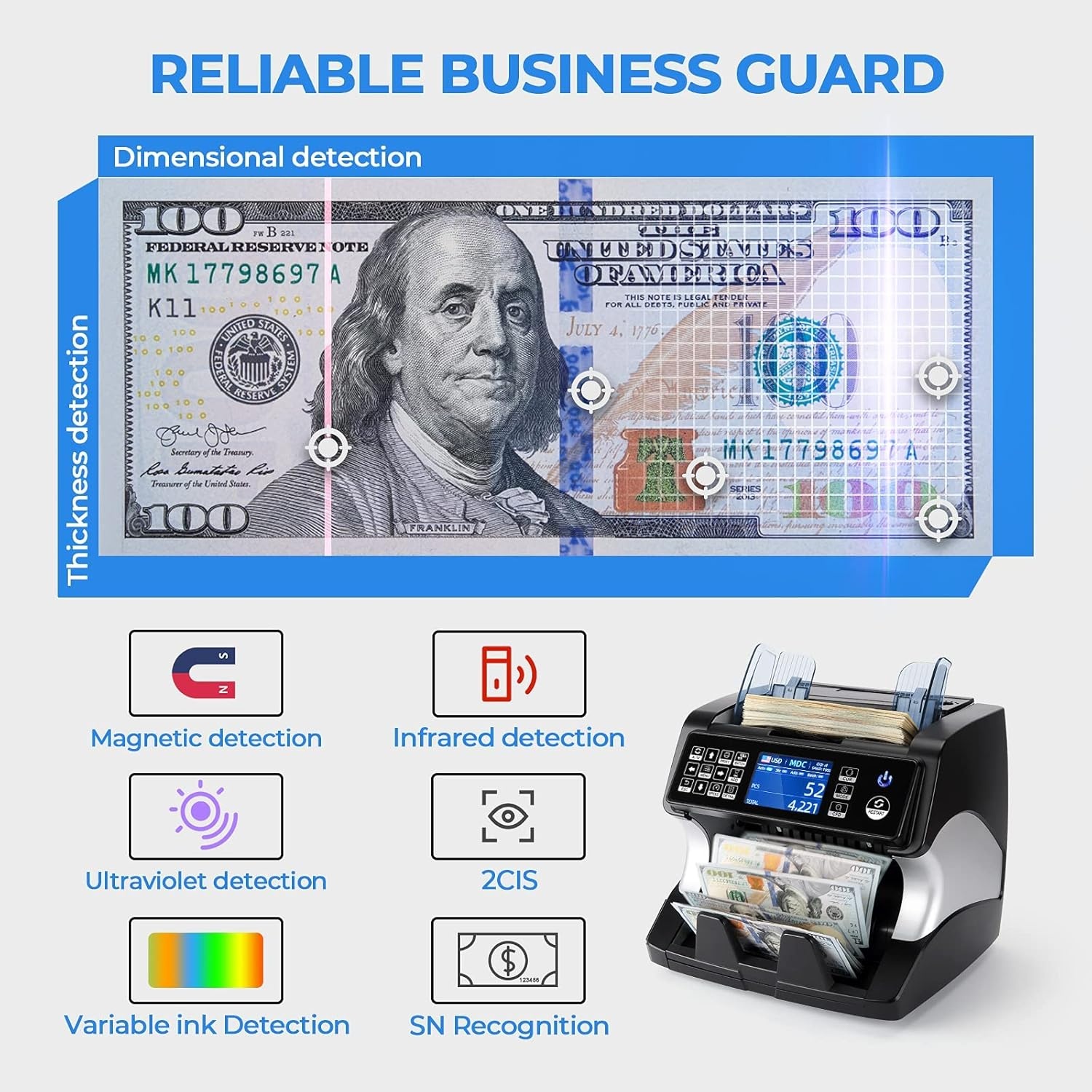 image:imageMUNBYN IMC01 Bank Grade Money Counter Machine Mixed Denomination 2CISUVIRMGMT Counterfeit Detection Serial Number MUL Currency Cash Counter Printer Compatible 2Y Warranty WhiteBlack