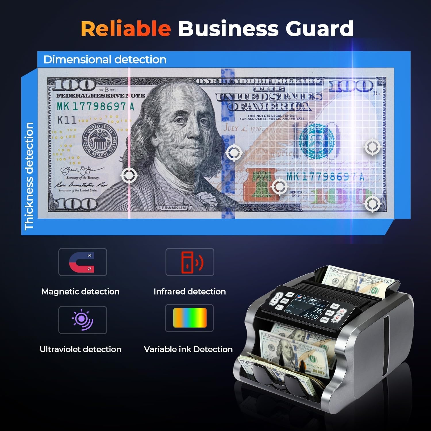 image:imageMUNBYN IMC09 Mixed Denomination Money Counter Machine Value Counting UVMGIRMT Bill Counter 35 TFT Display Money Counting Machine USD EUR MXN CAD Cash Counter for Business WhiteBlack