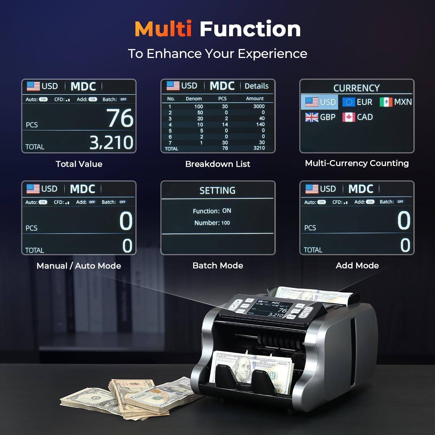 image:imageMUNBYN IMC09 Mixed Denomination Money Counter Machine Value Counting UVMGIRMT Bill Counter 35 TFT Display Money Counting Machine USD EUR MXN CAD Cash Counter for Business WhiteBlack