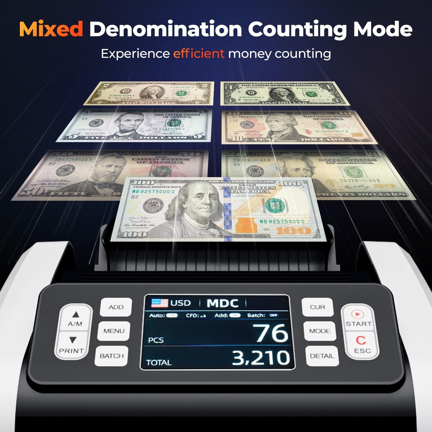 image:imageMUNBYN IMC09 Mixed Denomination Money Counter Machine Value Counting UVMGIRMT Bill Counter 35 TFT Display Money Counting Machine USD EUR MXN CAD Cash Counter for Business WhiteWhite