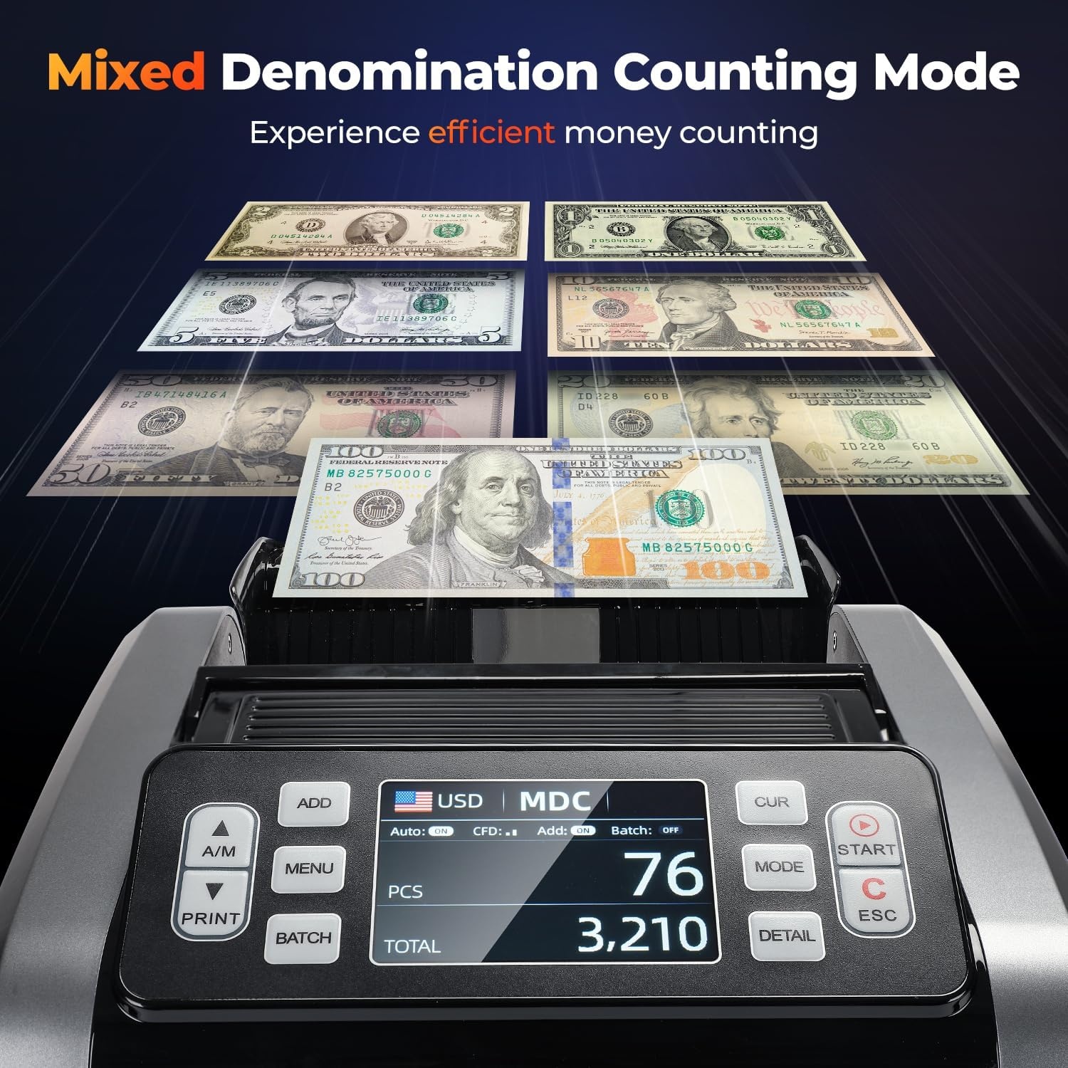 image:imageMUNBYN IMC09 Mixed Denomination Money Counter Machine Value Counting UVMGIRMT Bill Counter 35 TFT Display Money Counting Machine USD EUR MXN CAD Cash Counter for Business WhiteBlack