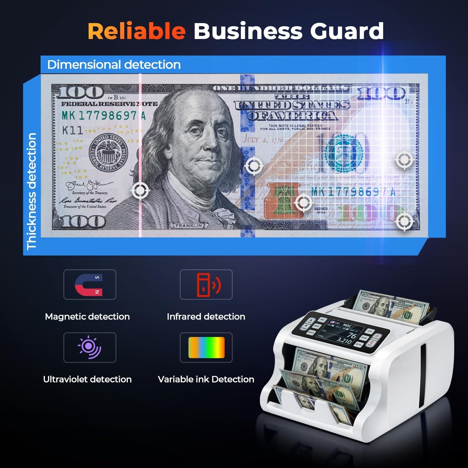 image:imageMUNBYN IMC09 Mixed Denomination Money Counter Machine Value Counting UVMGIRMT Bill Counter 35 TFT Display Money Counting Machine USD EUR MXN CAD Cash Counter for Business WhiteWhite