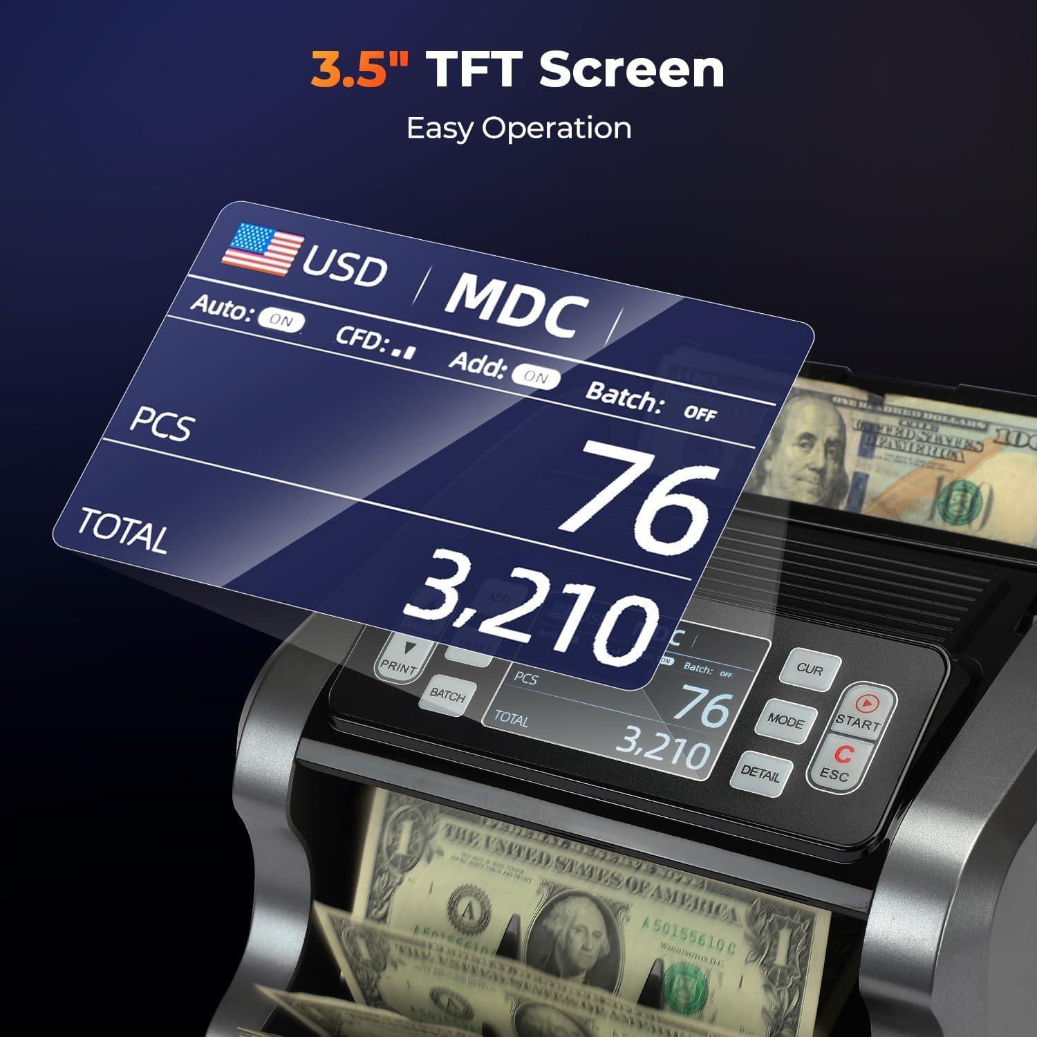 image:imageMUNBYN IMC09 Mixed Denomination Money Counter Machine Value Counting UVMGIRMT Bill Counter 35 TFT Display Money Counting Machine USD EUR MXN CAD Cash Counter for Business WhiteBlack