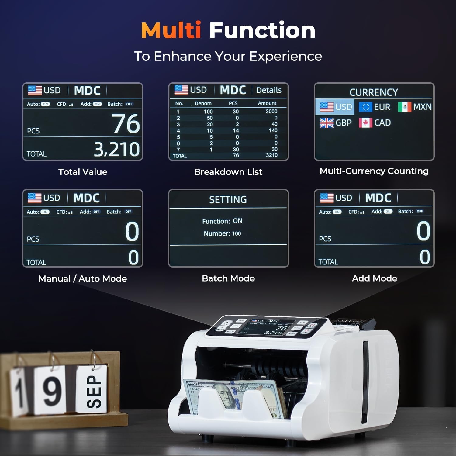 image:imageMUNBYN IMC09 Mixed Denomination Money Counter Machine Value Counting UVMGIRMT Bill Counter 35 TFT Display Money Counting Machine USD EUR MXN CAD Cash Counter for Business WhiteWhite