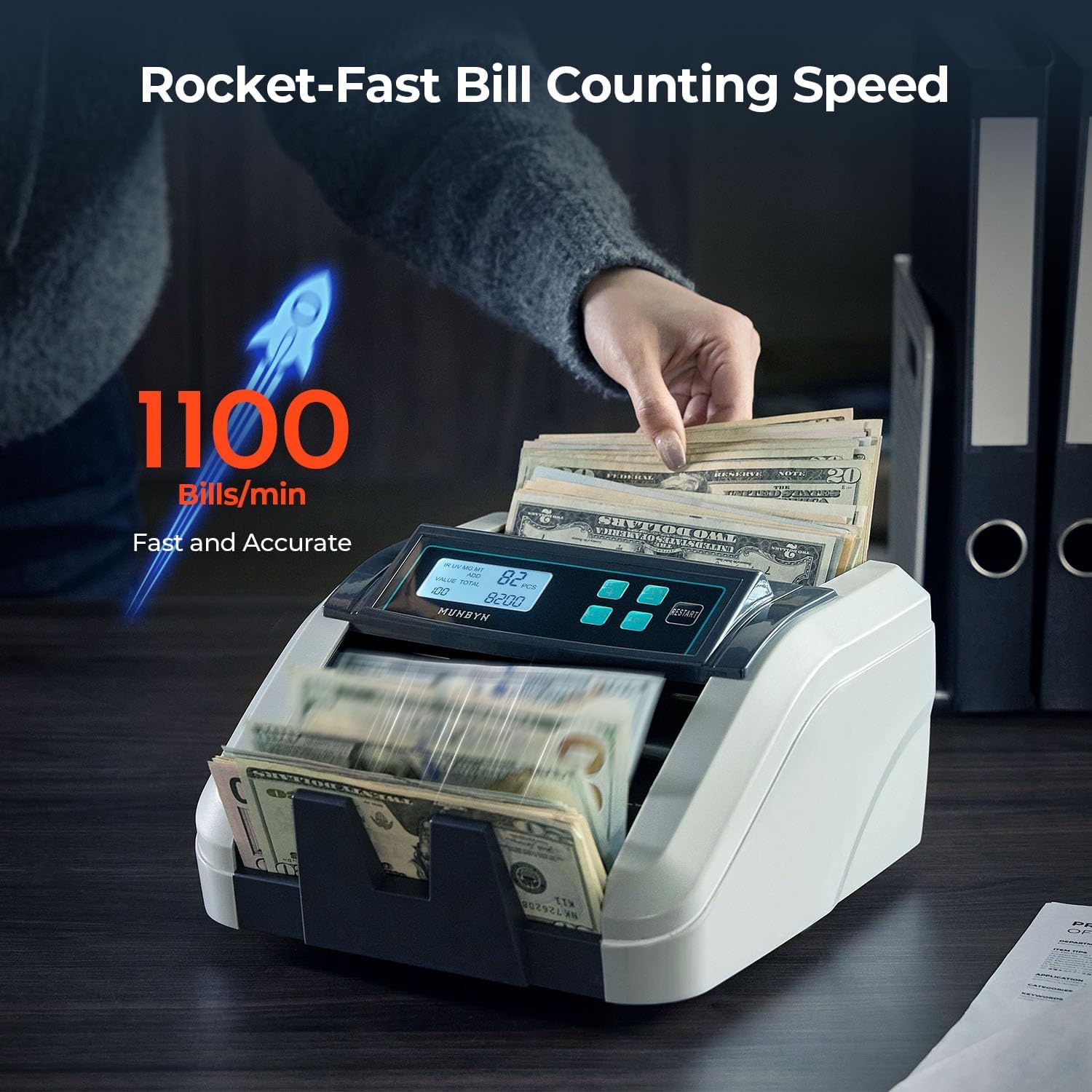 image:imageMUNBYN IMC51 Money Counter Machine Count Value AddBatchAdd Value Mode Bill Counter UVMGIRMT Detection USD only Cash Counter1100 Billsmin Money Counting Machine with LCD Display BlackGray