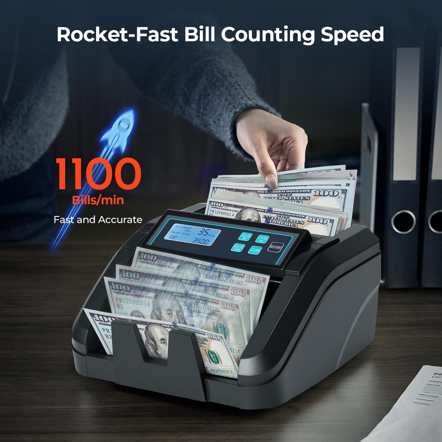 image:imageMUNBYN IMC51 Money Counter Machine Count Value AddBatchAdd Value Mode Bill Counter UVMGIRMT Detection USD only Cash Counter1100 Billsmin Money Counting Machine with LCD Display BlackBlack