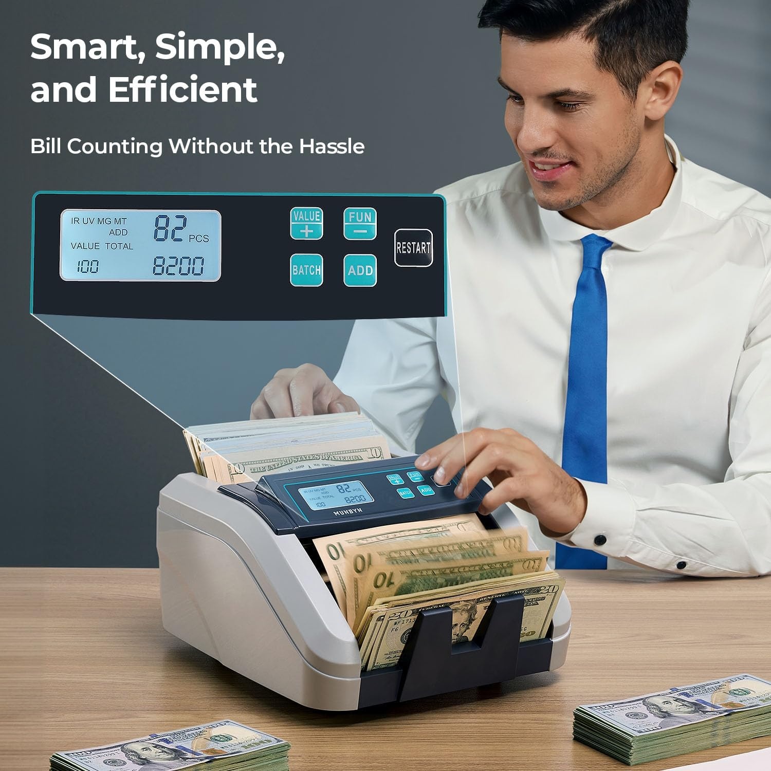 image:imageMUNBYN IMC51 Money Counter Machine Count Value AddBatchAdd Value Mode Bill Counter UVMGIRMT Detection USD only Cash Counter1100 Billsmin Money Counting Machine with LCD Display BlackGray