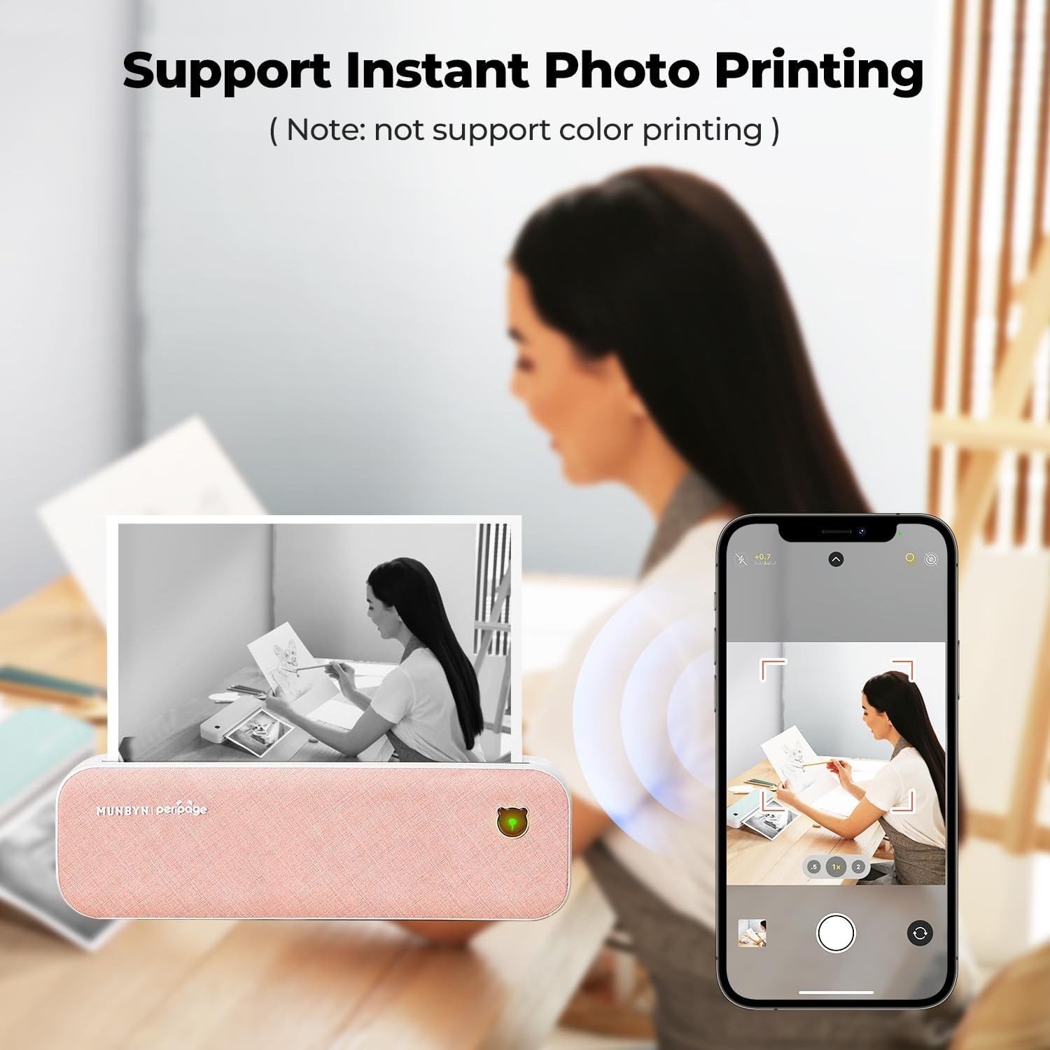 image:imageMUNBYN Portable Printer ITP01 Bluetooth Thermal Printer for Travel Support 85x11 US Letter amp A4 Thermal Paper Compatible with Android and iOS Phone amp Laptop Inkless Printer Pink