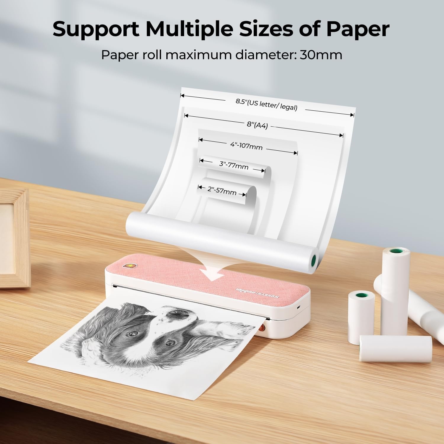 image:imageMUNBYN Portable Printer ITP01 Bluetooth Thermal Printer for Travel Support 85x11 US Letter amp A4 Thermal Paper Compatible with Android and iOS Phone amp Laptop Inkless Printer Pink