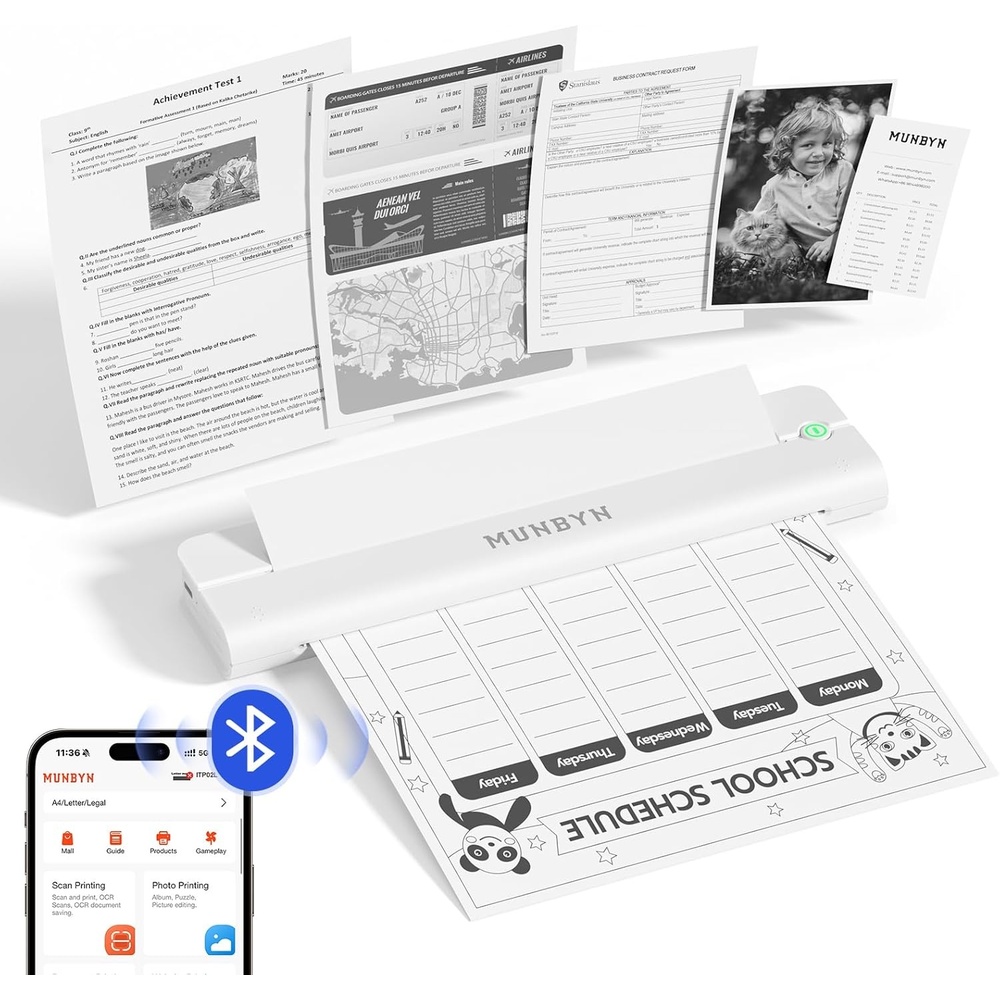 image:imageMUNBYN Portable Printers Wireless for Travel ITP02 Portable Printer Bluetooth Support 85x11 amp A4 Thermal Paper Compatible with Android iOS amp Laptop Small Printer for Office SchoolWhite