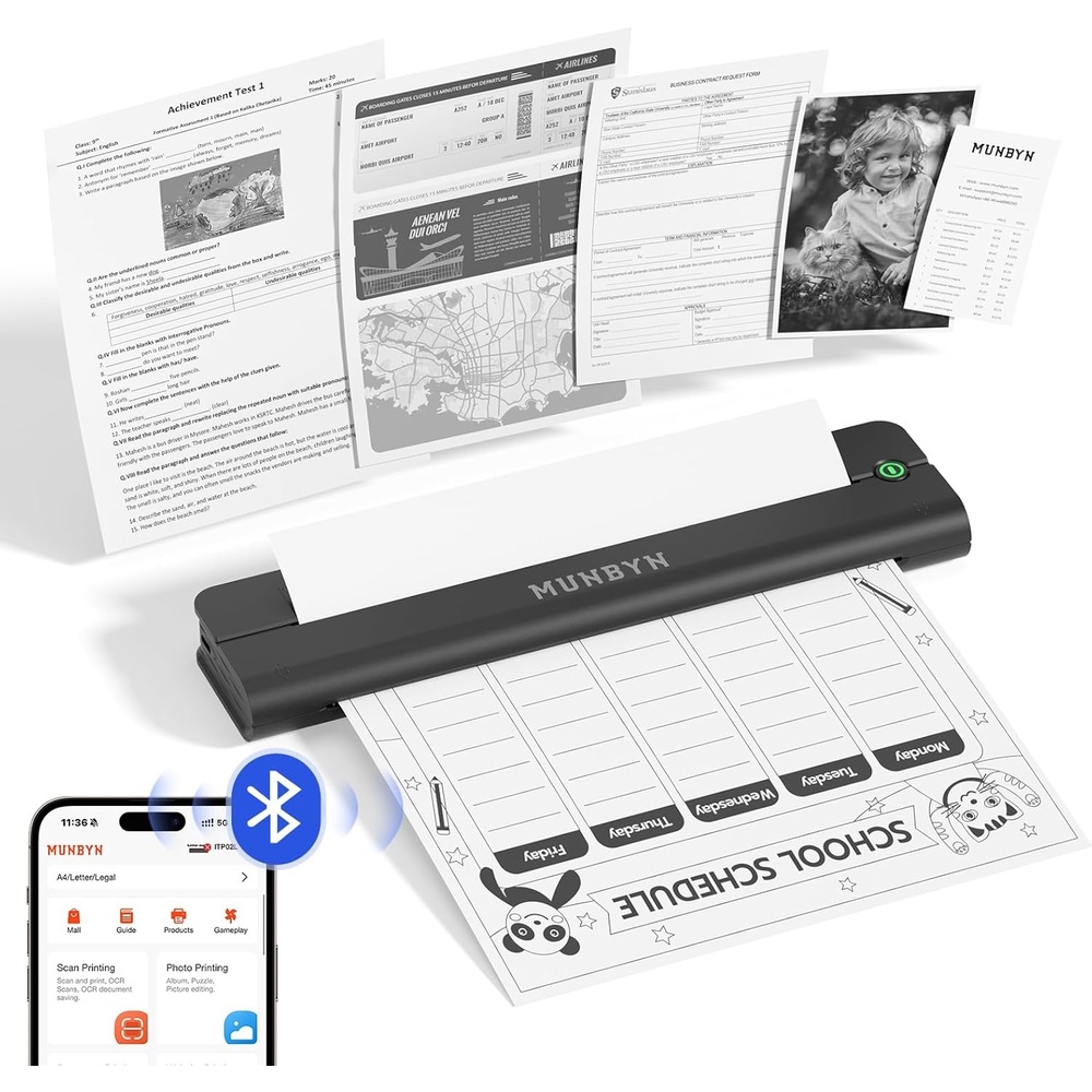 image:imageMUNBYN Portable Printers Wireless for Travel ITP02 Portable Printer Bluetooth Support 85x11 amp A4 Thermal Paper Compatible with Android iOS amp Laptop Small Printer for Office SchoolBlack