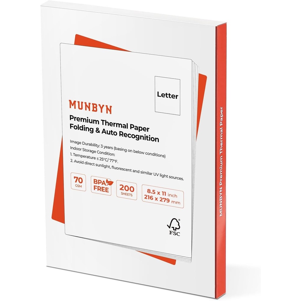 image:imageMUNBYN Thermal Printer Paper 85 x 11 Inch Single Sheet NonContinuous US Letter Size Thermal Paper 200 Sheets Compatible with ITP01A40 Portable Thermal Printer