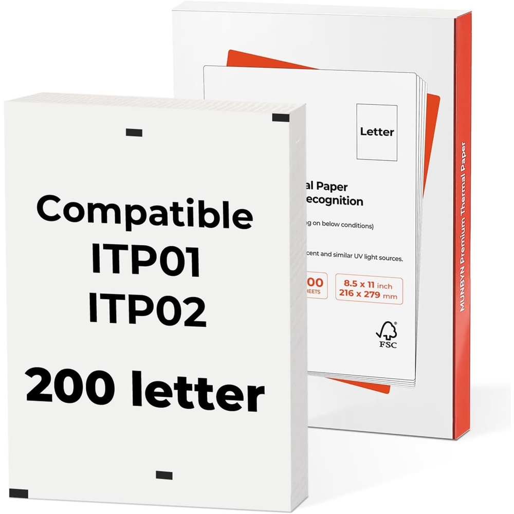 image:imageMUNBYN Thermal Printer Paper 85 x 11 Inch US Letter Size Thermal Paper 200 Sheets Compatible with ITP02 and ITP01 Continual Feeding Thermal Paper
