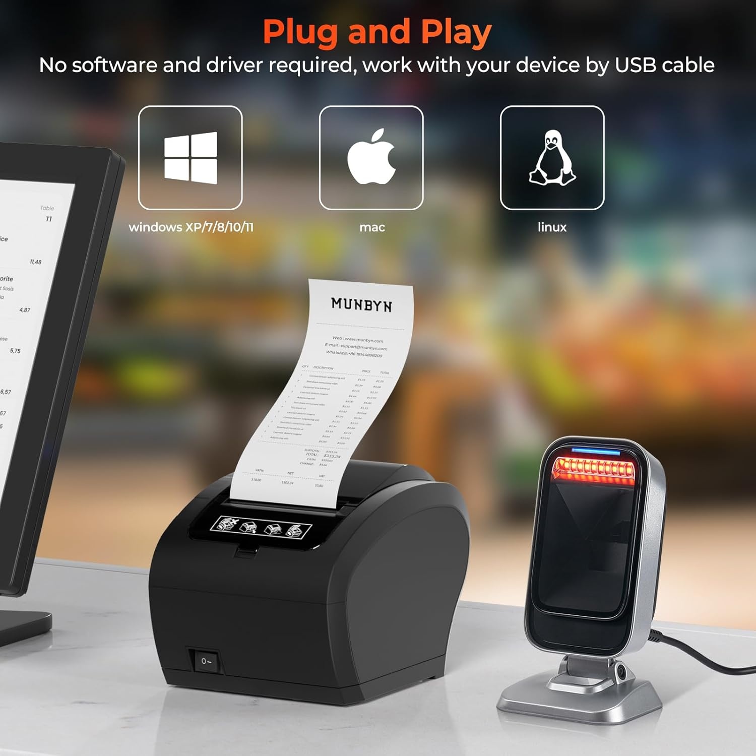 image:imageMUNBYN 1D 2D QR Desktop Barcode Scanner Omnidirectional ManualAutomatic Image Sensing Scanner HandsFree USB Scanner for Windows Linux Mac PC for Mobile EPayment Supermarket POS System Library