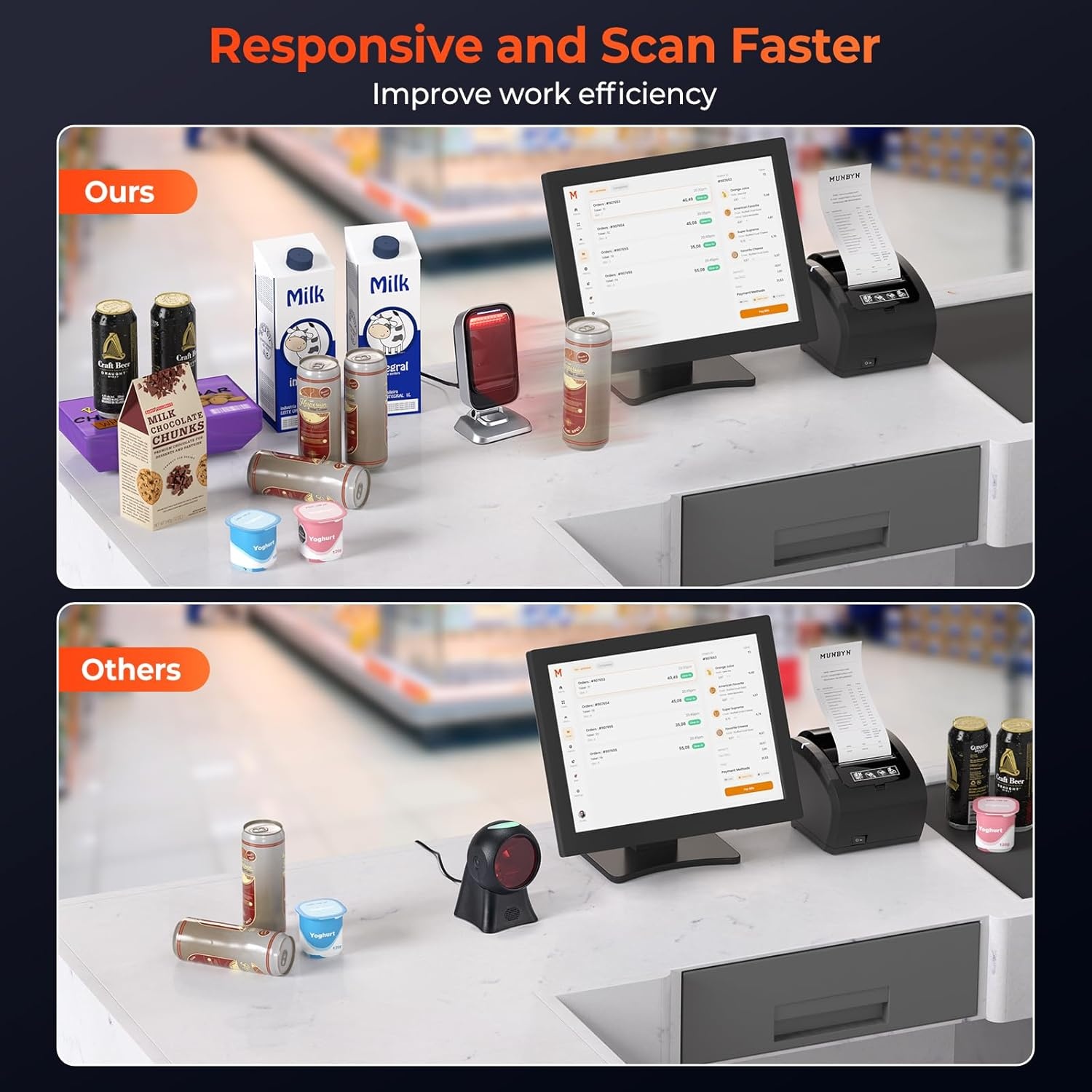 image:imageMUNBYN 1D 2D QR Desktop Barcode Scanner Omnidirectional ManualAutomatic Image Sensing Scanner HandsFree USB Scanner for Windows Linux Mac PC for Mobile EPayment Supermarket POS System Library