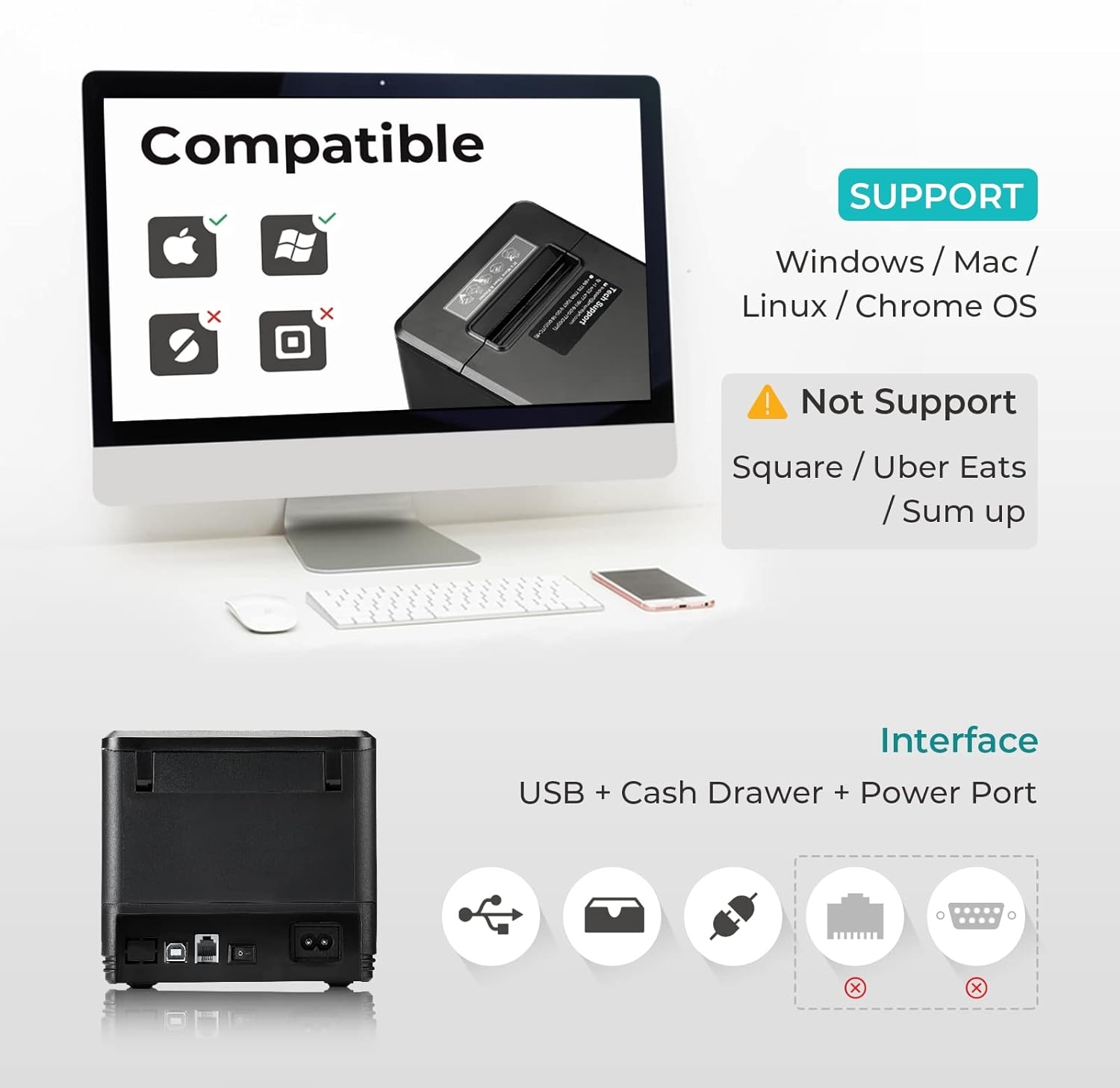 image:imageMUNBYN 80mm USB Thermal Receipt Printer POS Printer with Auto Cutter ESCPOS Command Support Windows Mac Do Not Support Square Only USB Interface