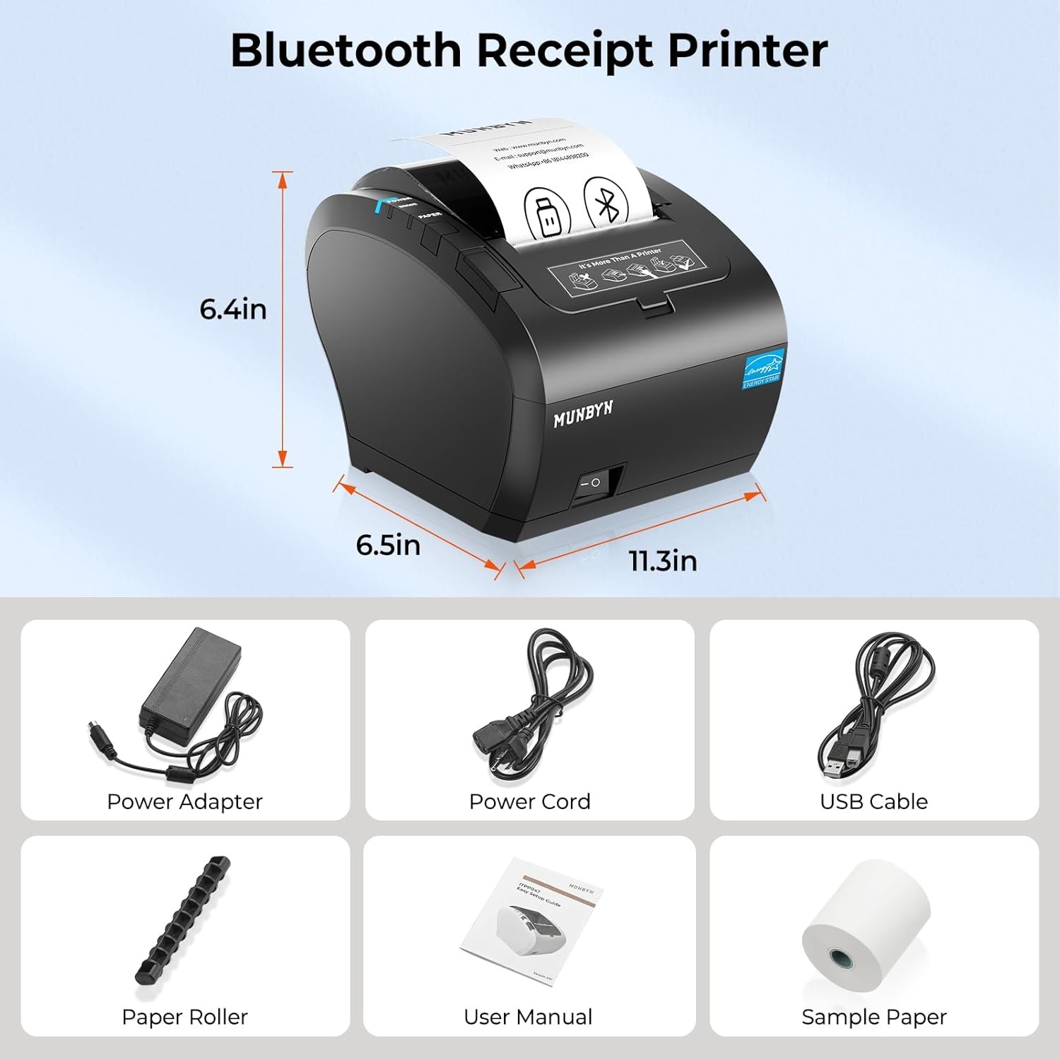 image:imageMUNBYN Bluetooth Thermal Receipt Printer P047 80mm POS Printer Thermal Printer with USB Serial Ethernet Bluetooth Support Android Windows PC iOSDo Not Support Paypal Doordash Grubhub VagaroWhiteBlack