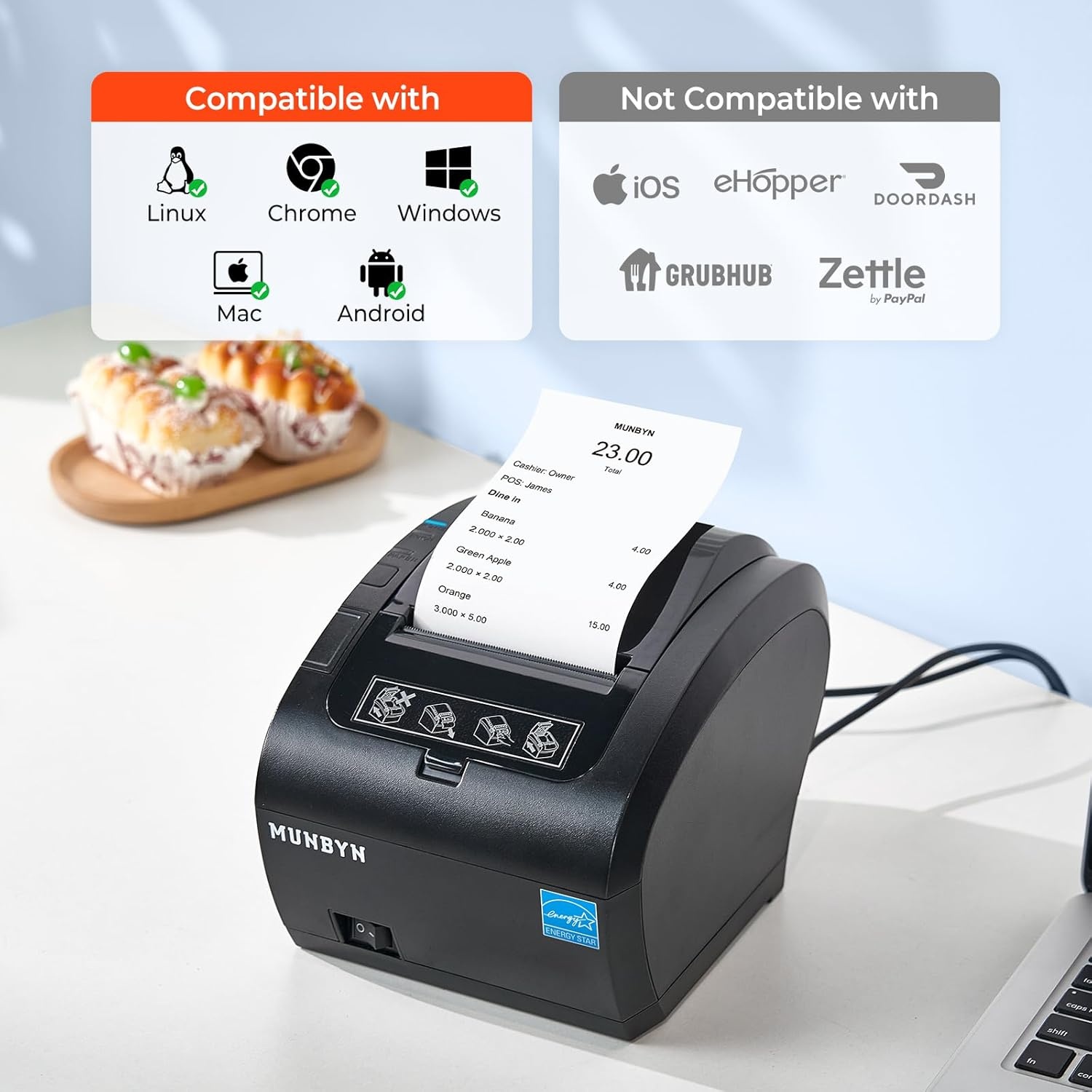 image:imageMUNBYN Bluetooth Thermal Receipt Printer P047 80mm POS Printer Thermal Printer with USB Serial Ethernet Bluetooth Support Android Windows PC iOSDo Not Support Paypal Doordash Grubhub VagaroWhiteBlack