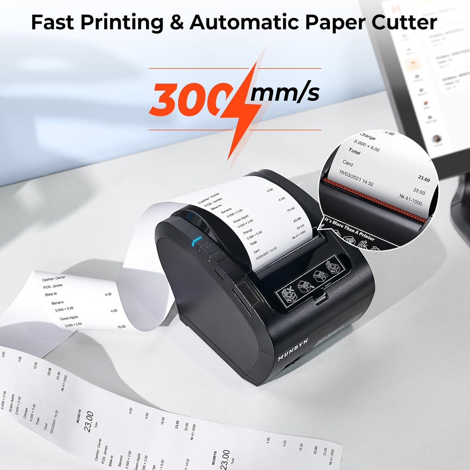 image:imageMUNBYN Bluetooth Thermal Receipt Printer P047 80mm POS Printer Thermal Printer with USB Serial Ethernet Bluetooth Support Android Windows PC iOSDo Not Support Paypal Doordash Grubhub VagaroWhiteBlack