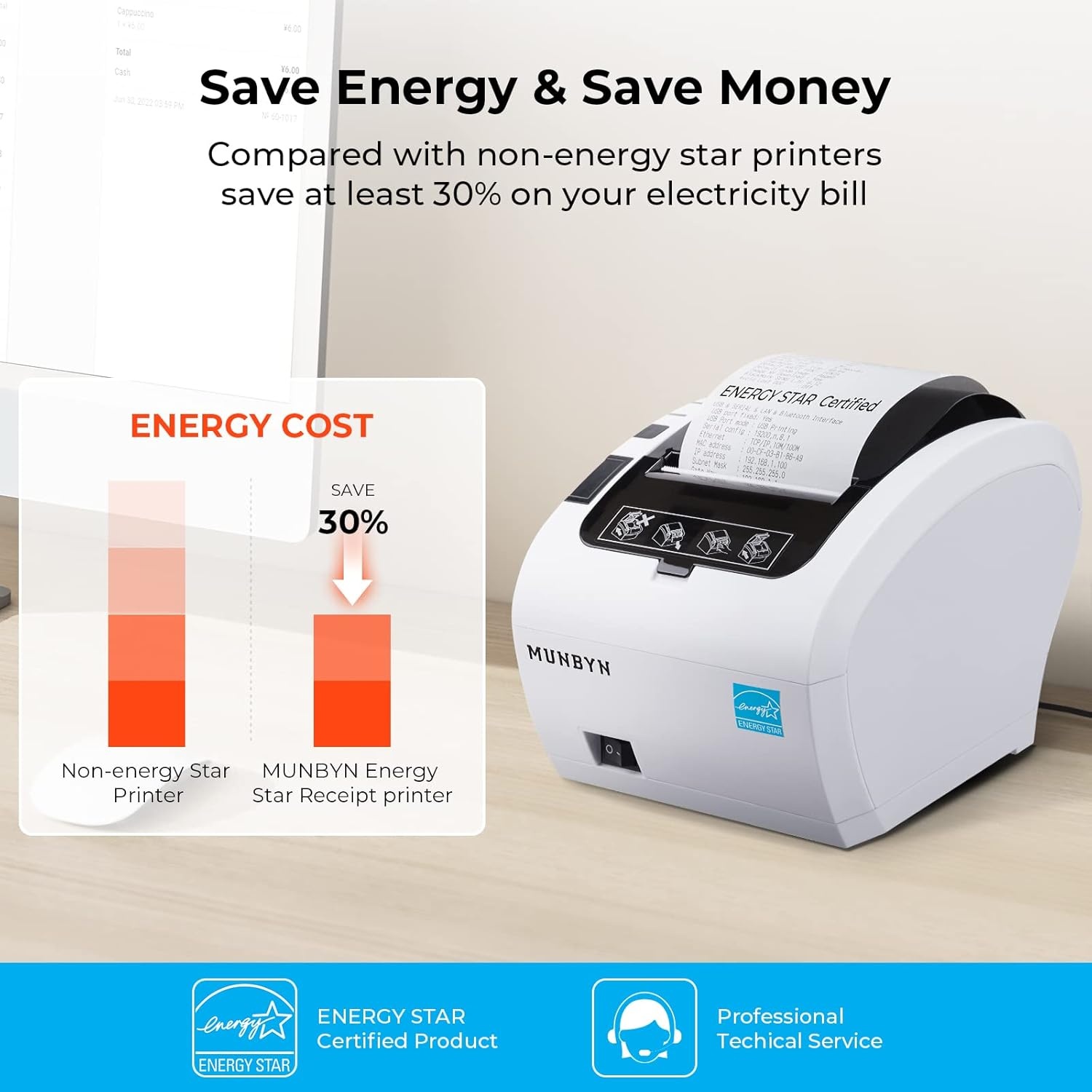 image:imageMUNBYN Receipt Printer Thermal Receipt Printer Works with Windows Mac Chromebook Linux Cash Drawer USBEthernet Port 80mm Printer for POS HighSpeed AutoCutter Wall Mount ESCPOS ITPP047White