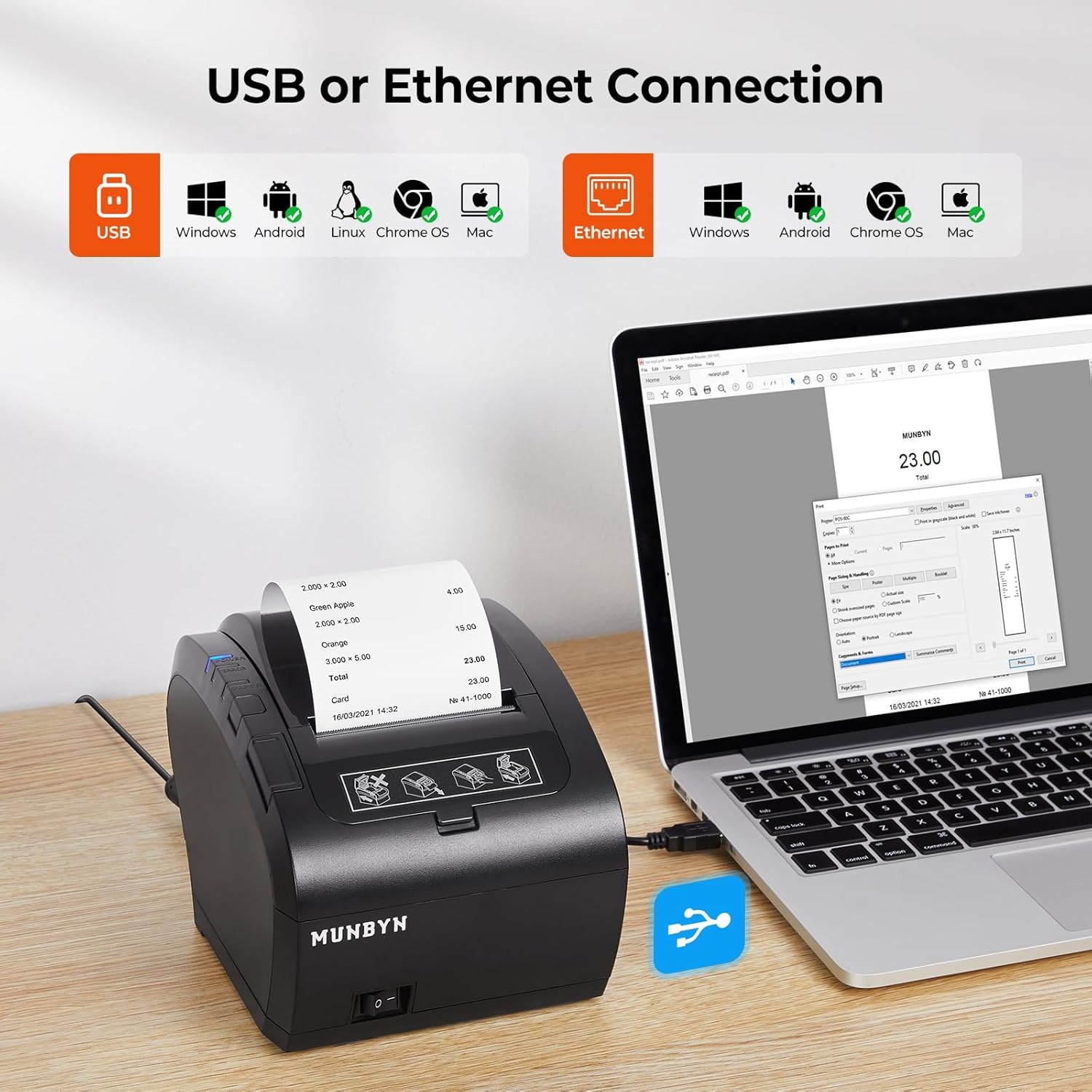 image:imageMUNBYN Receipt Printer Thermal Receipt Printer Works with Windows Mac Chromebook Linux Cash Drawer USBEthernet Port 80mm Printer for POS HighSpeed AutoCutter Wall Mount ESCPOS ITPP047Black