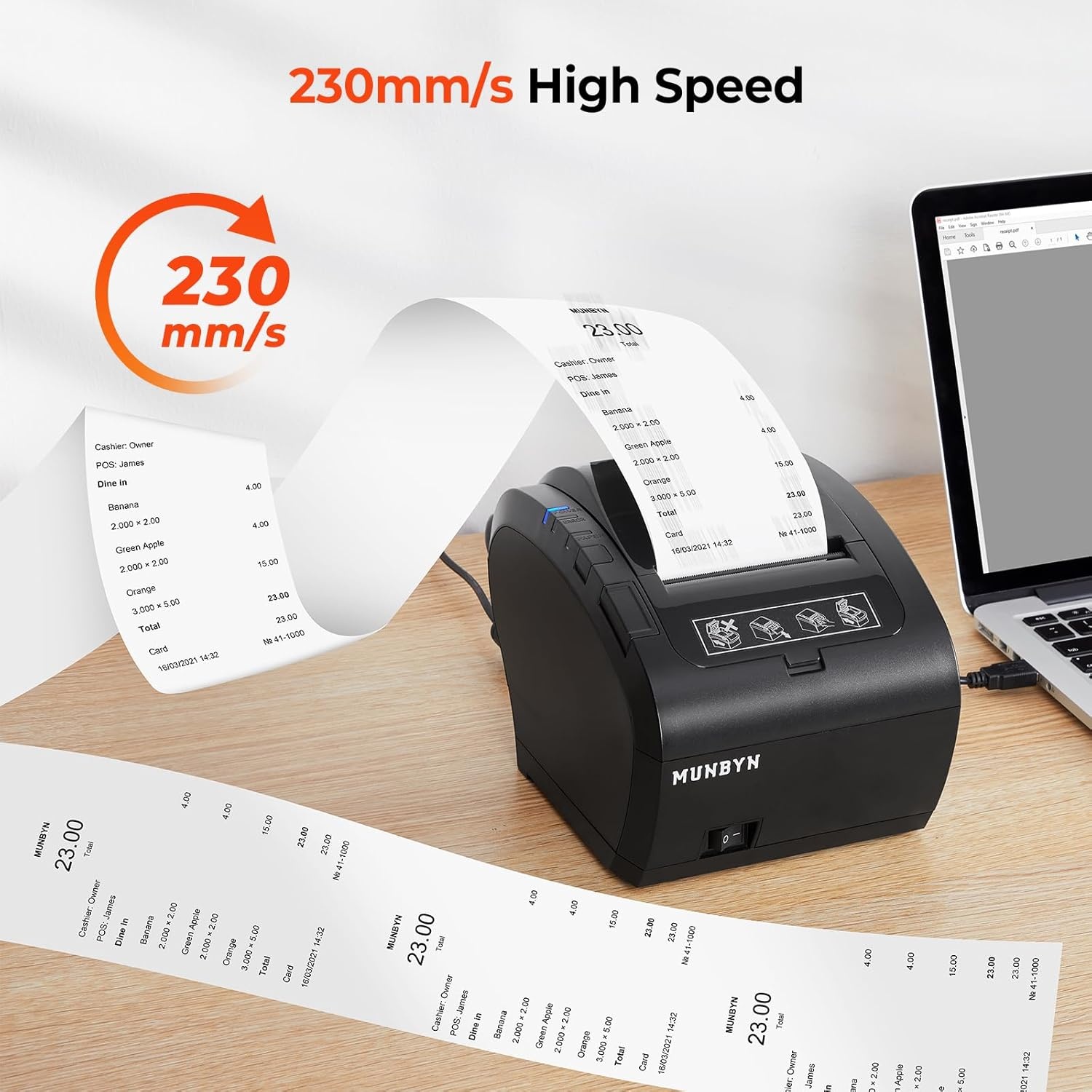 image:imageMUNBYN Receipt Printer Thermal Receipt Printer Works with Windows Mac Chromebook Linux Cash Drawer USBEthernet Port 80mm Printer for POS HighSpeed AutoCutter Wall Mount ESCPOS ITPP047Black