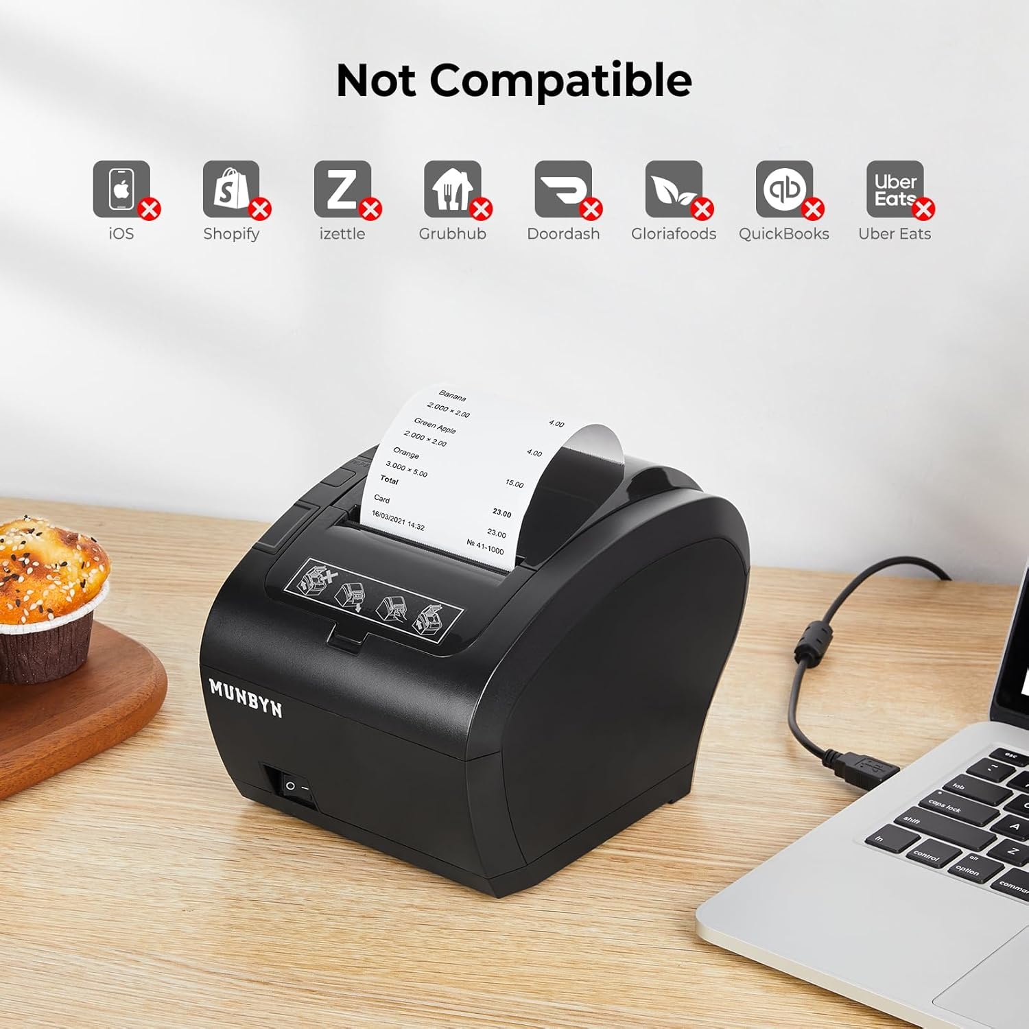 image:imageMUNBYN Receipt Printer Thermal Receipt Printer Works with Windows Mac Chromebook Linux Cash Drawer USBEthernet Port 80mm Printer for POS HighSpeed AutoCutter Wall Mount ESCPOS ITPP047Black
