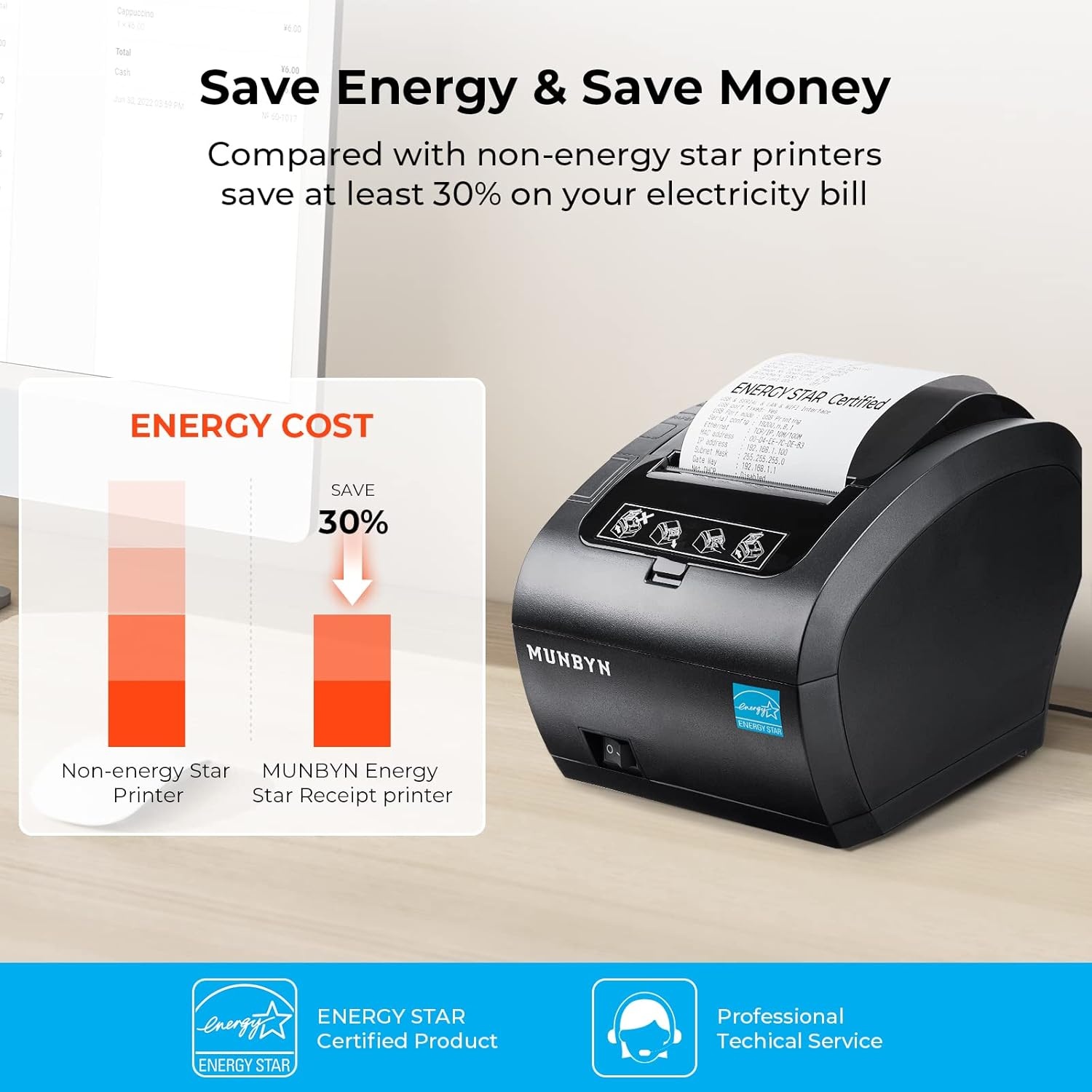 image:imageMUNBYN Receipt Printer Thermal Receipt Printer Works with Windows Mac Chromebook Linux Cash Drawer USBEthernet Port 80mm Printer for POS HighSpeed AutoCutter Wall Mount ESCPOS ITPP047Black