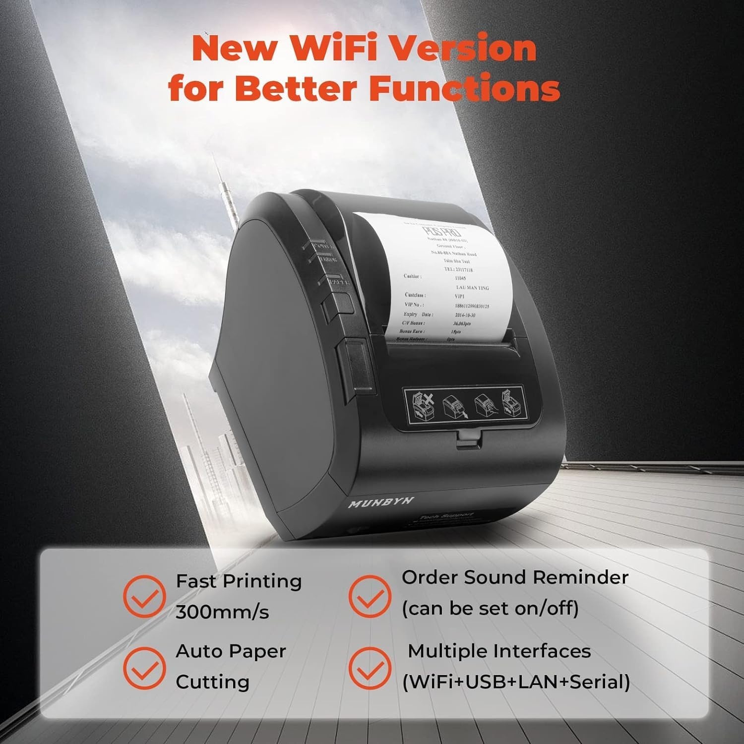 image:imageMUNBYN WiFi Receipt Printer with USB Port 80mm POS Printer Works with Square Mac Windows Chromebook Linux Cash Drawer ESCPOS P047 WiFi Do Not Support Square Paypal Zettle Shopify Kyte BluetoothBlack