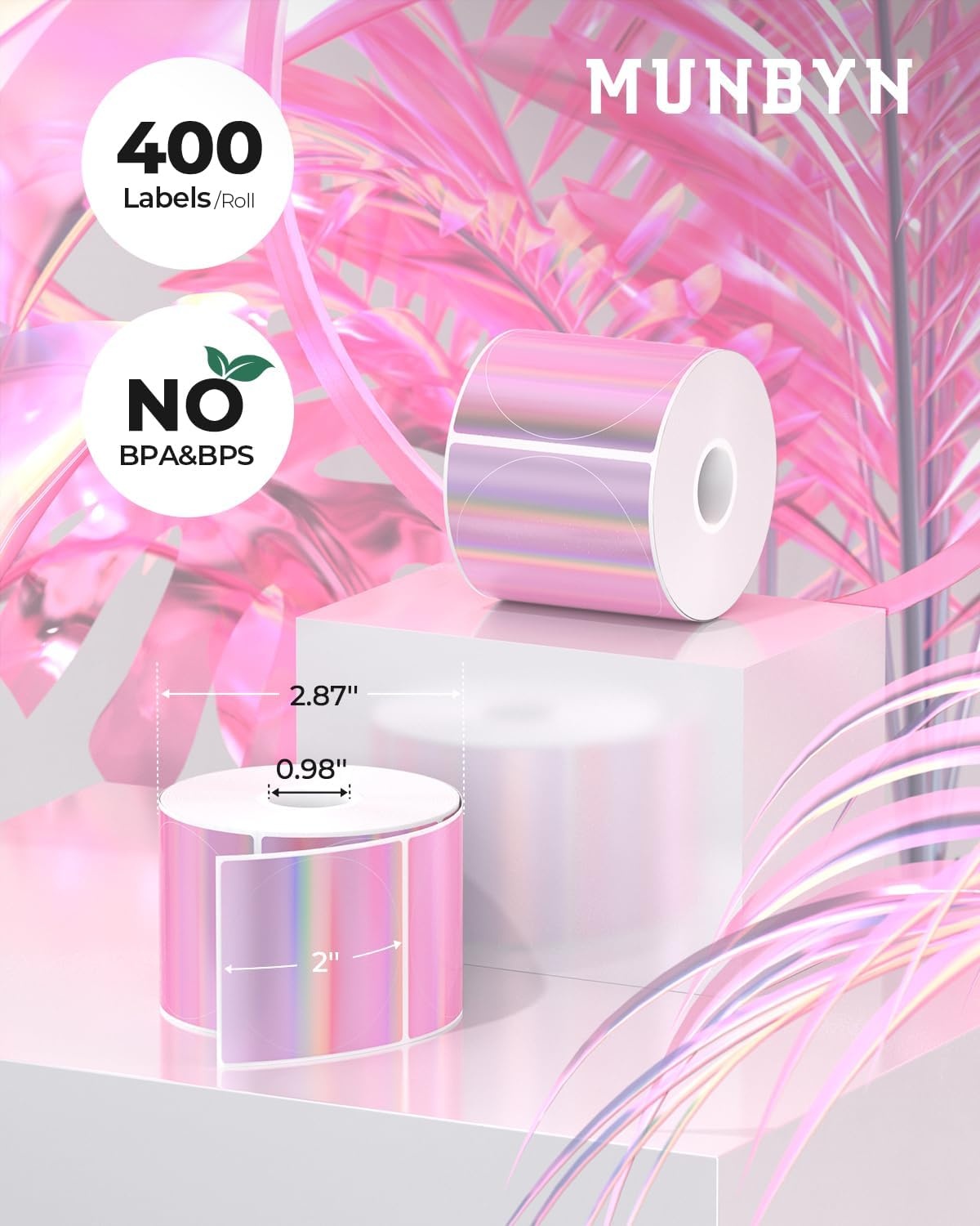 image:imageMUNBYN 2 Circle Holographic Thermal Label Stickers Blue Round Printable Rainbow Glitter Thermal Printer Sticker Labels for Gift Wrapping SelfAdhesive Name Price Tag DIY Custom Logo DesignHolographic Pink