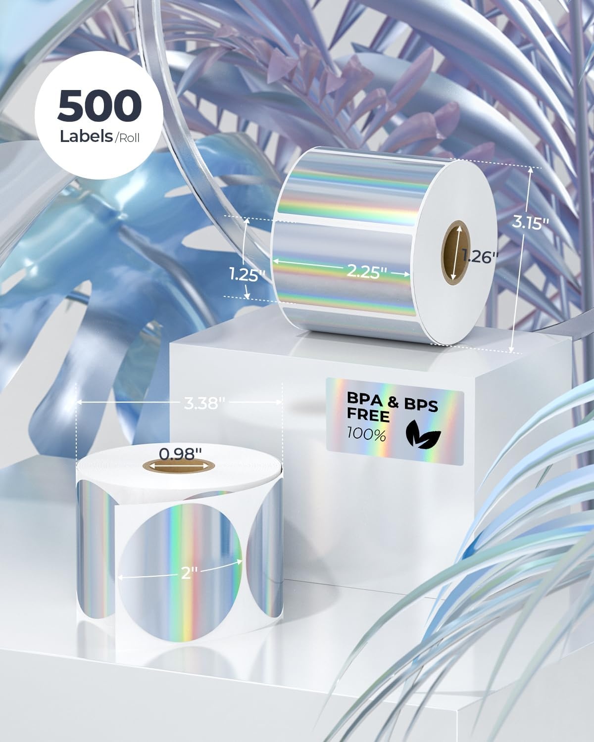 image:imageMUNBYN 2 Circle Holographic Thermal Label Stickers Blue Round Printable Rainbow Glitter Thermal Printer Sticker Labels for Gift Wrapping SelfAdhesive Name Price Tag DIY Custom Logo DesignHolographic Silver