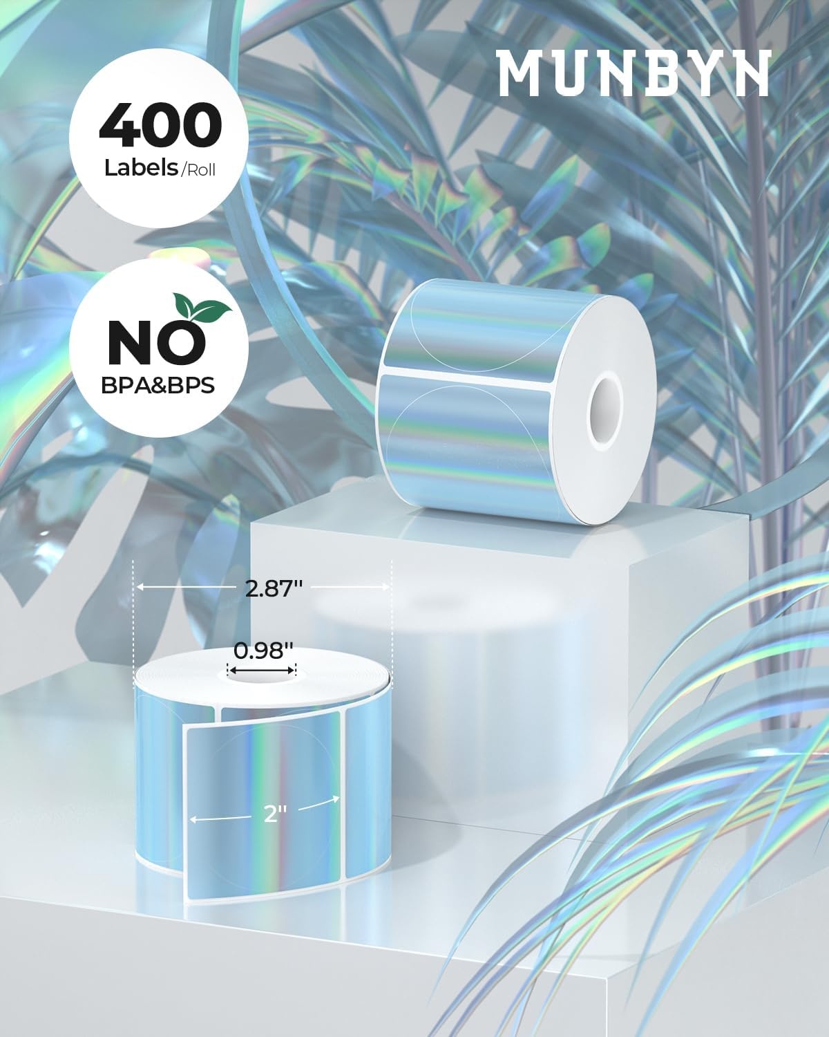 image:imageMUNBYN 2 Circle Holographic Thermal Label Stickers Blue Round Printable Rainbow Glitter Thermal Printer Sticker Labels for Gift Wrapping SelfAdhesive Name Price Tag DIY Custom Logo DesignHolographic Blue